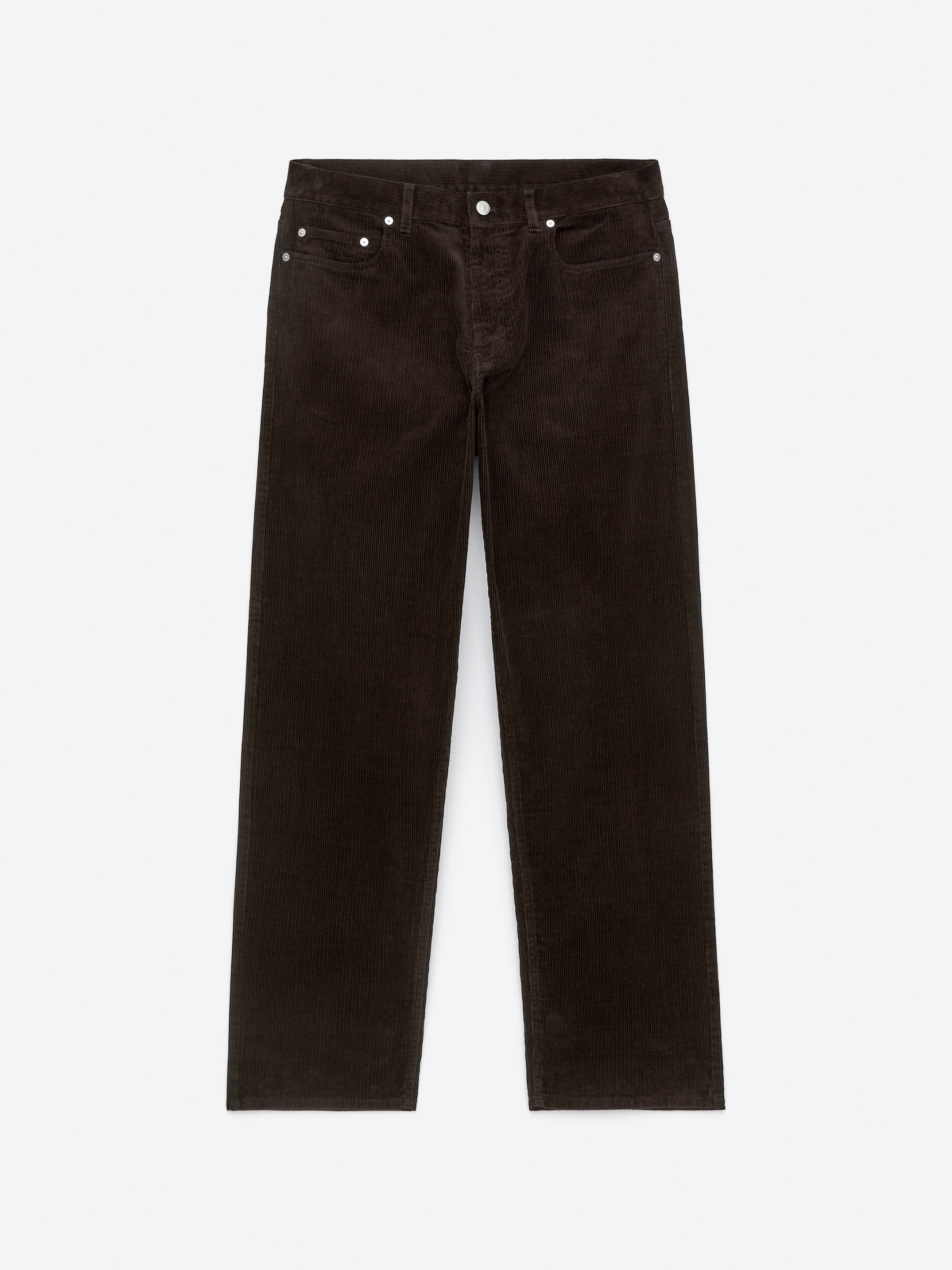 Dark brown corduroy pants with a straight-leg fit, featuring front and back pockets, displayed on a white background.