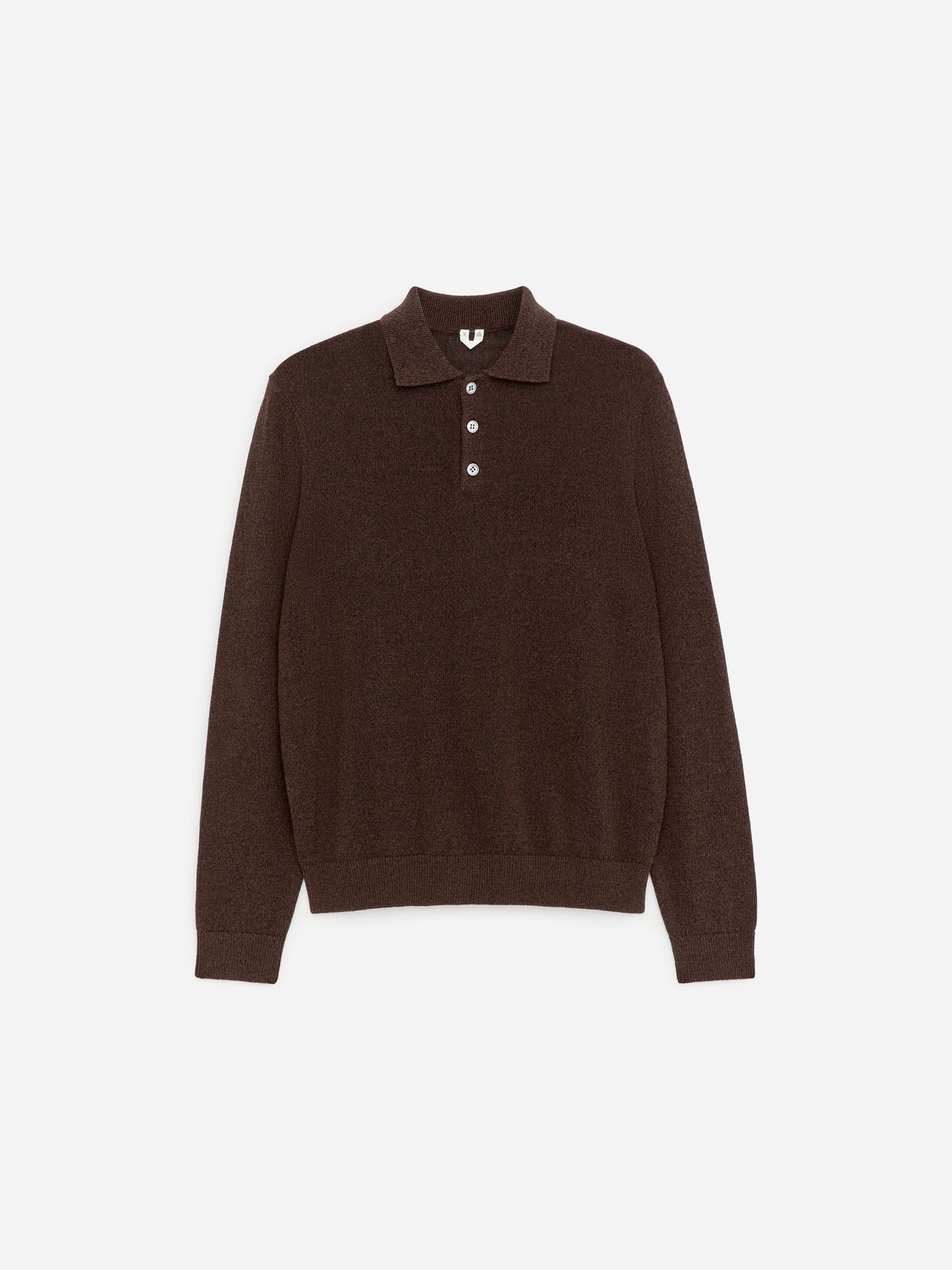 Brown long-sleeved polo sweater with a buttoned placket and ribbed cuffs, laid flat on a white background.