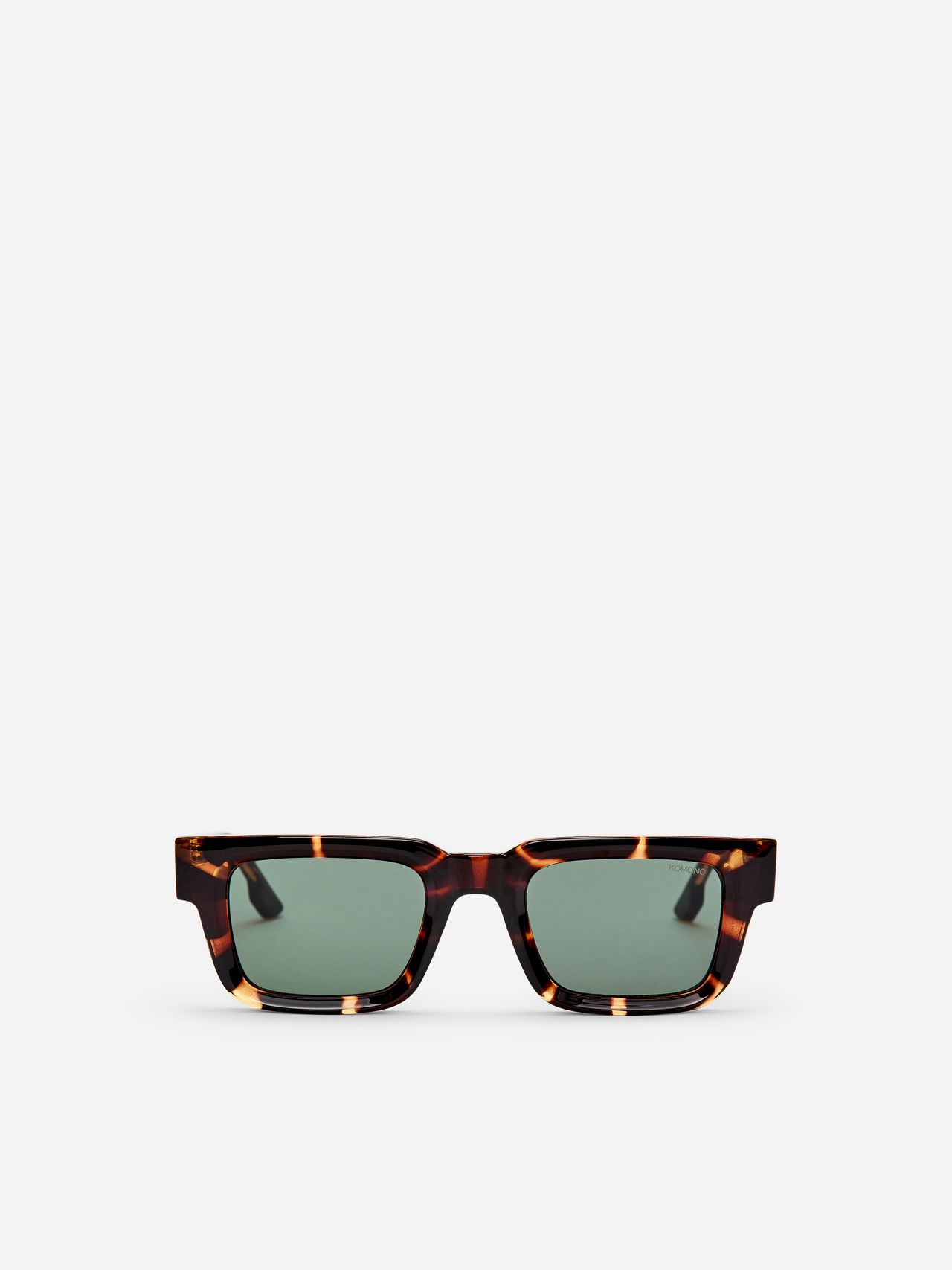 Tortoiseshell sunglasses with square frames and dark green lenses on a plain white background.