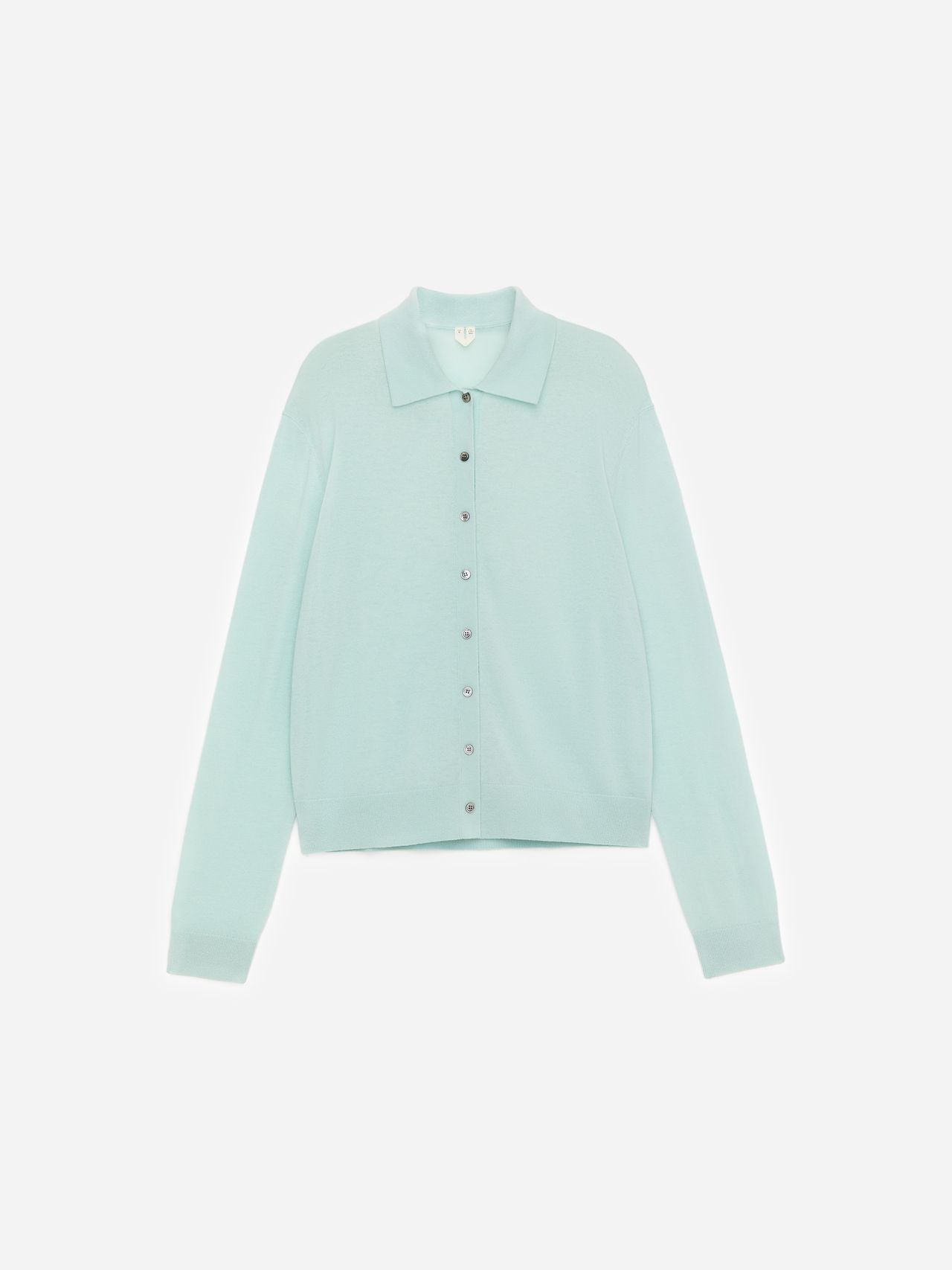 Light blue long-sleeve cardigan with a collared neckline and button-down front, displayed against a plain white background.