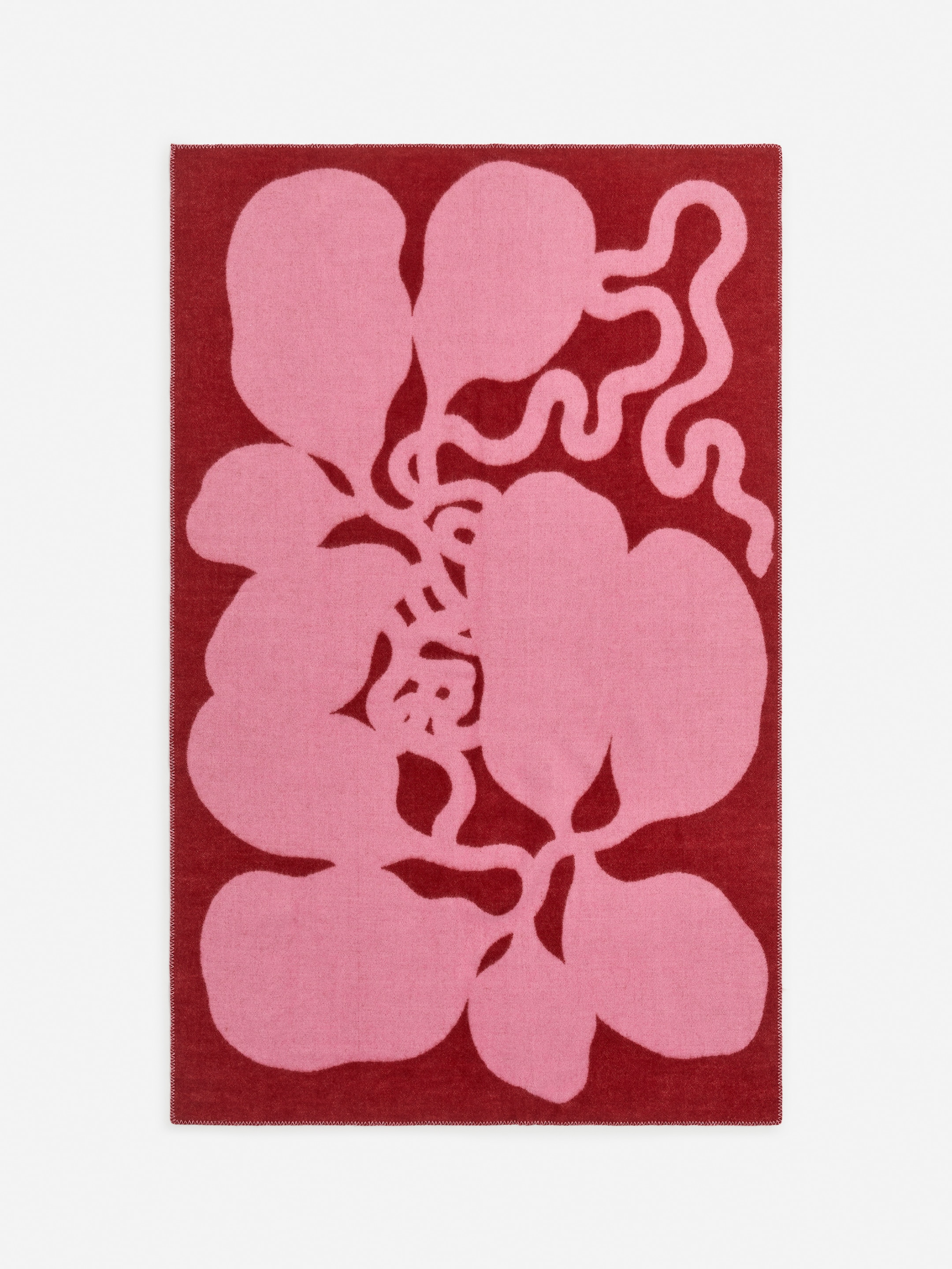 Abstract design with pink organic shapes and squiggles on a dark red rectangular background.