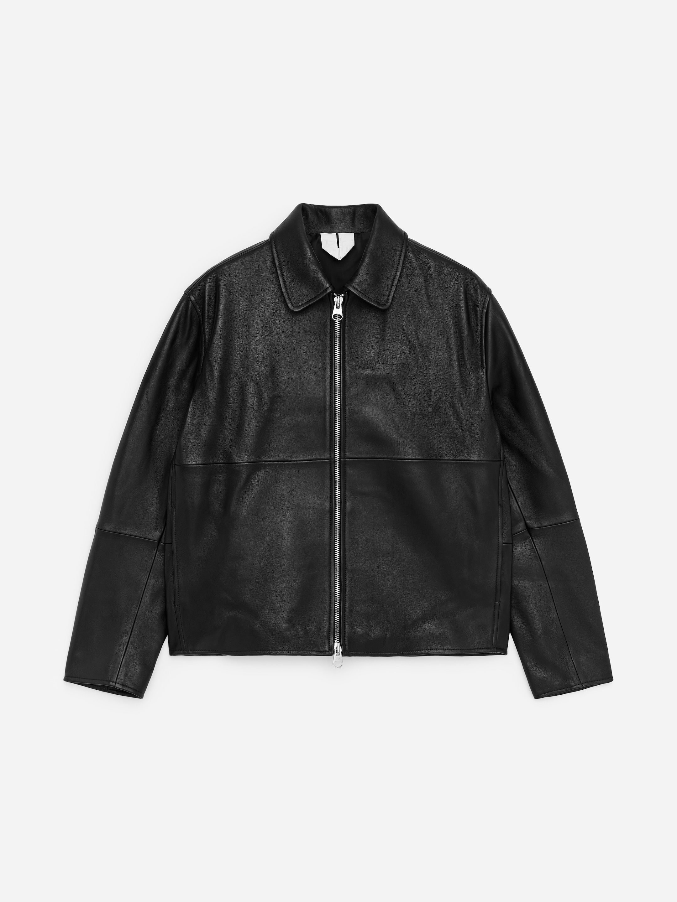 Black leather jacket with a zippered front, long sleeves, and a classic collar, displayed against a plain white background.