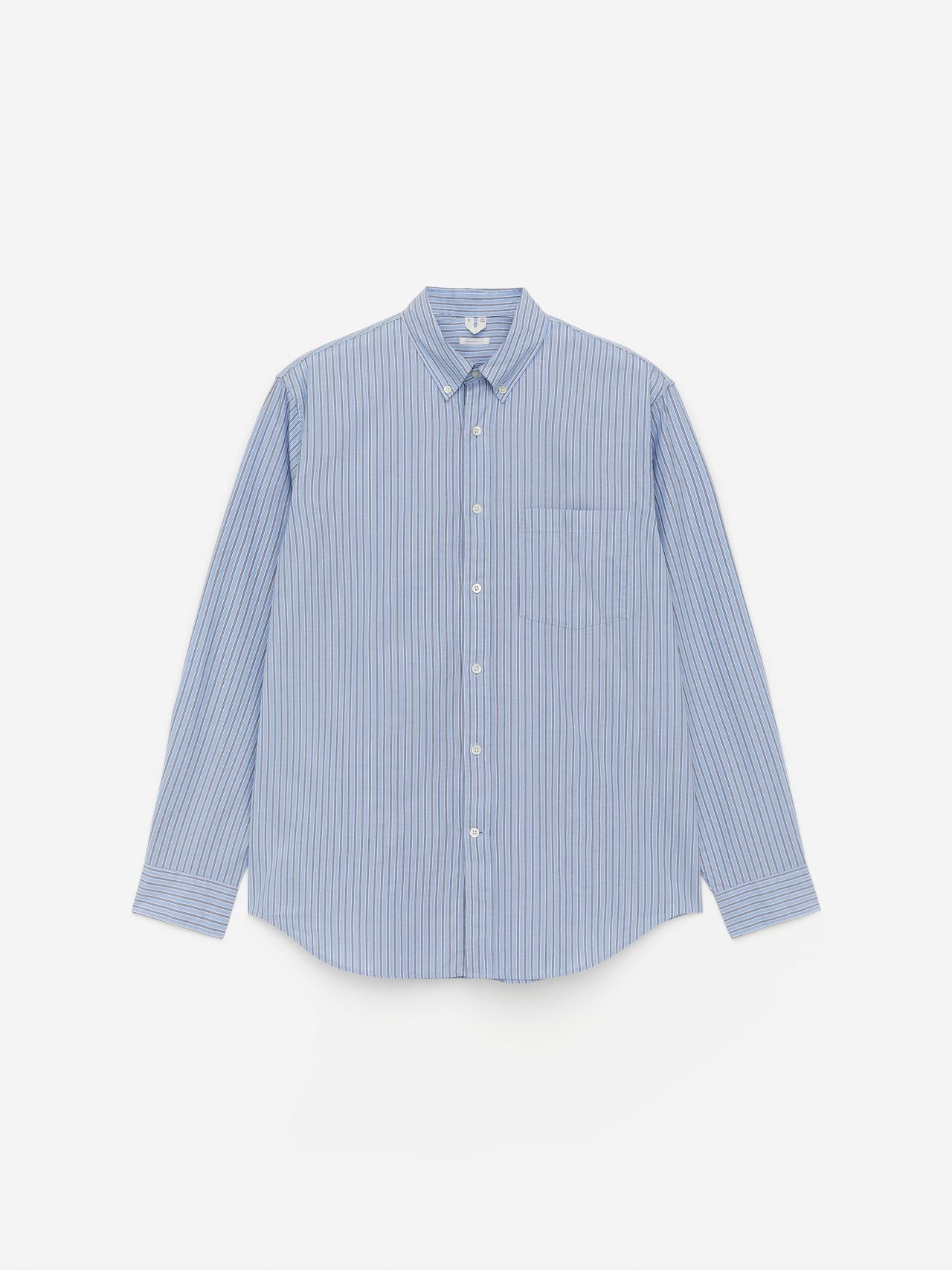 Blue and white striped long-sleeve shirt with a collar and button-down front, displayed on a plain white background.