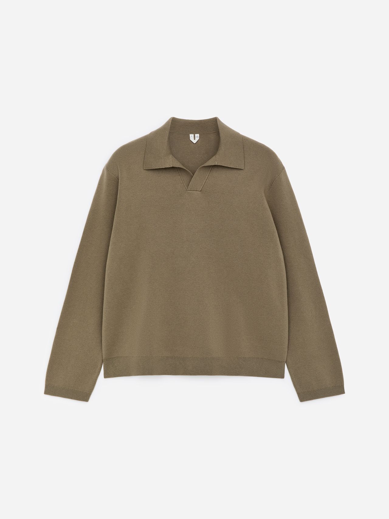 Olive green knit sweater with a wide V-neck collar, displayed on a plain white background.