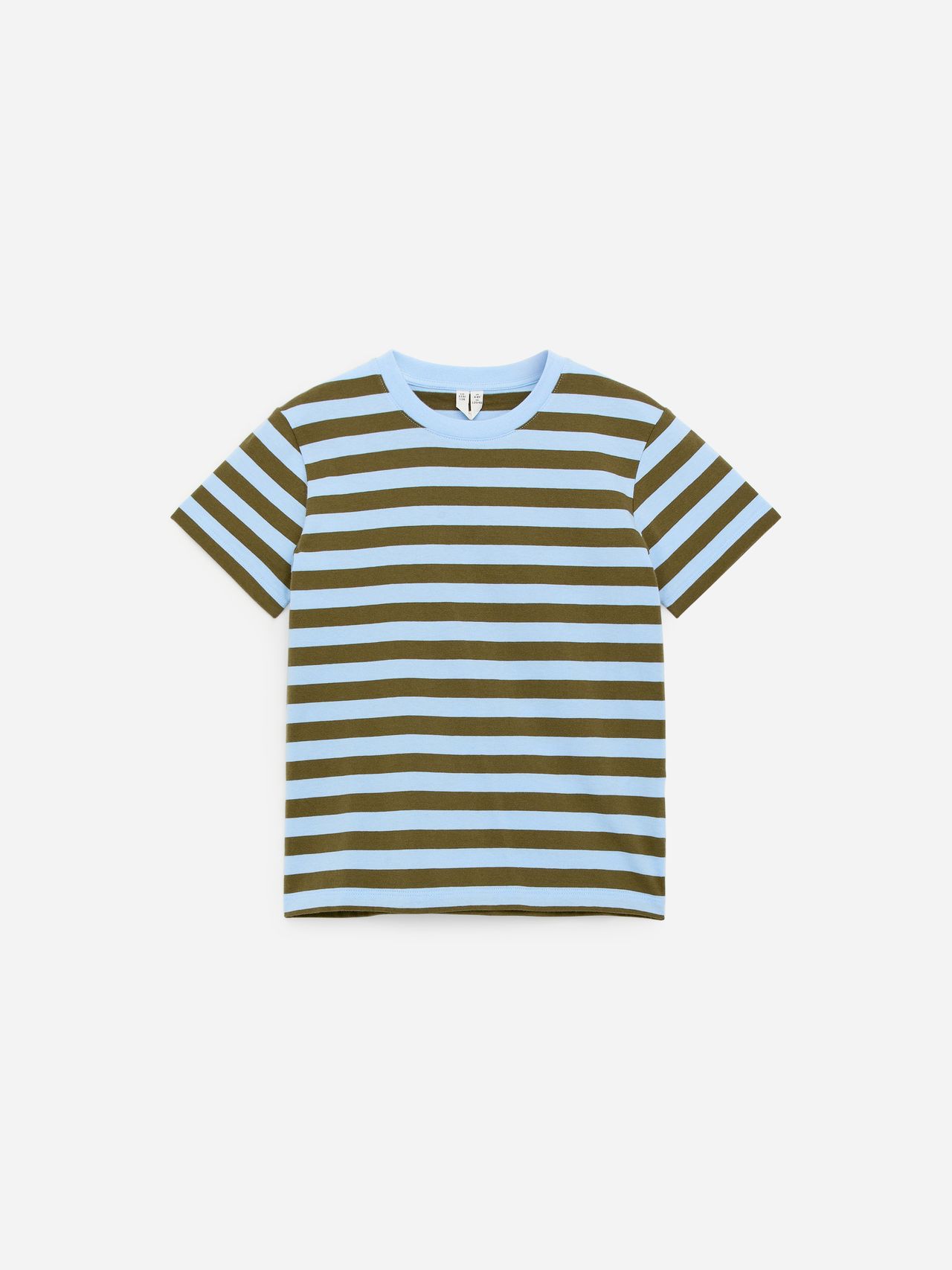 Short-sleeve t-shirt with horizontal brown and light blue stripes, featuring a light blue crew neckline, on a white background.