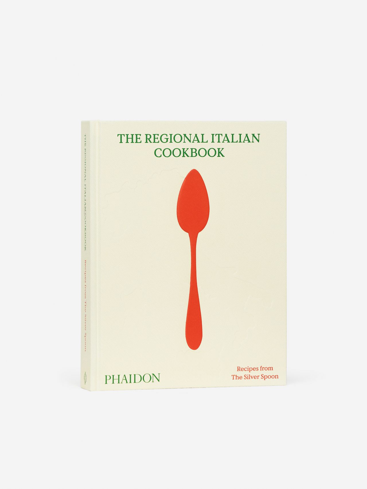 Cover of "The Regional Italian Cookbook" featuring a red spoon illustration on a cream background. Published by Phaidon.
