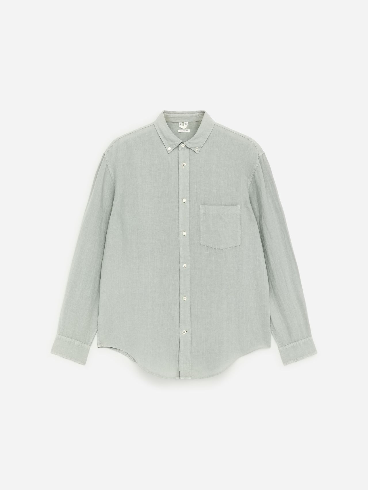 Light gray button-up shirt with a collar and chest pocket, displayed on a plain white background.