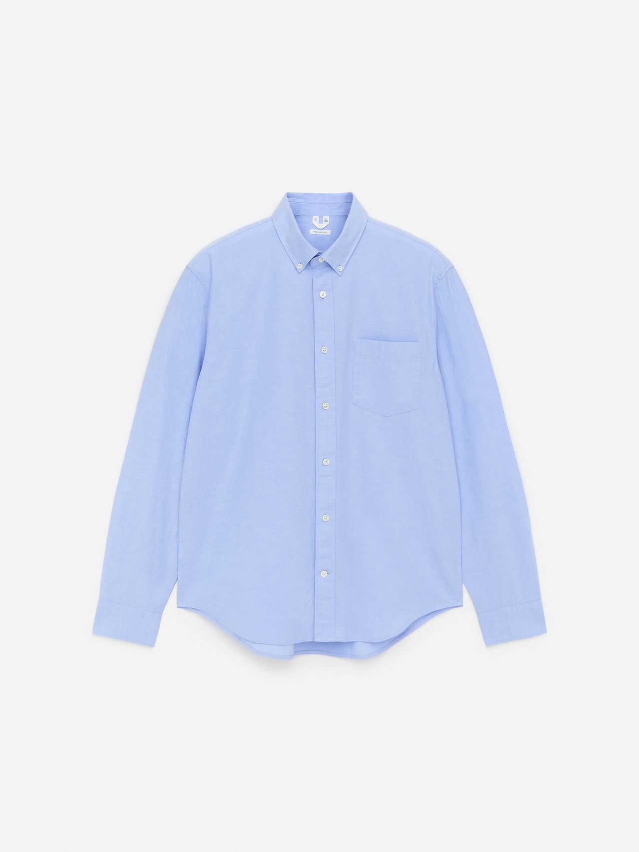 Light blue button-up shirt with a chest pocket, long sleeves, and a classic collar, displayed against a plain white background.