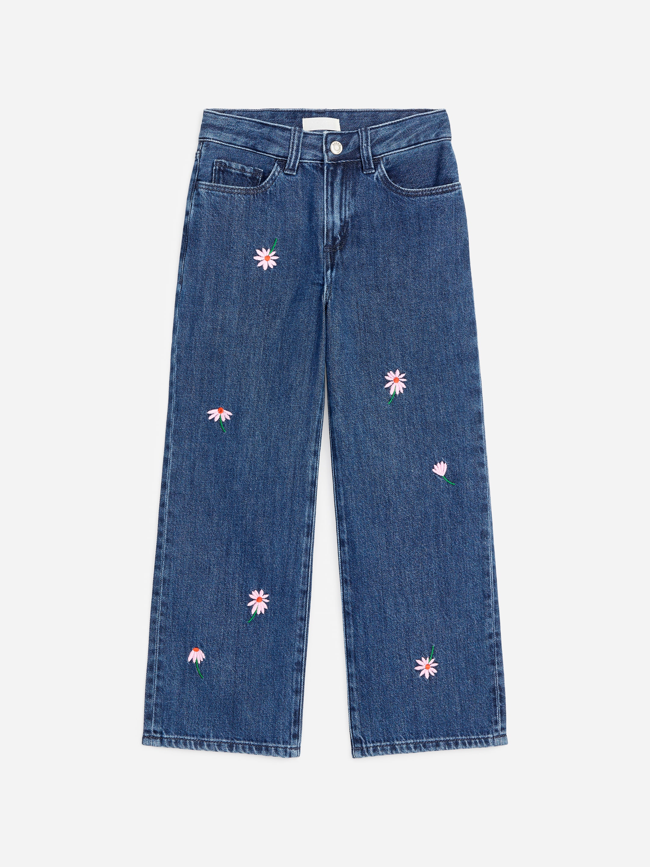 Blue jeans with pink daisy embroidery, featuring a straight leg cut and classic five-pocket design.