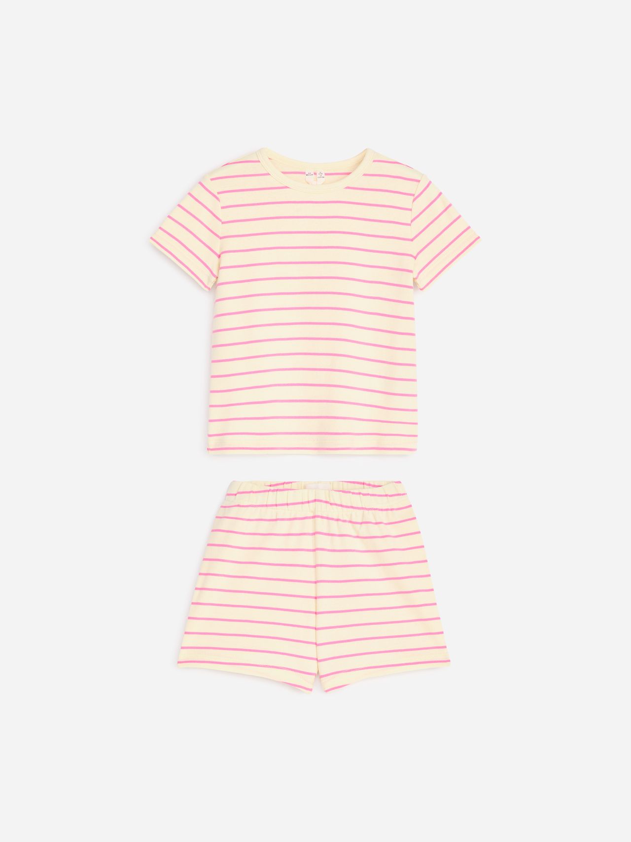 Yellow and pink-striped short-sleeve top and shorts set against a white background.