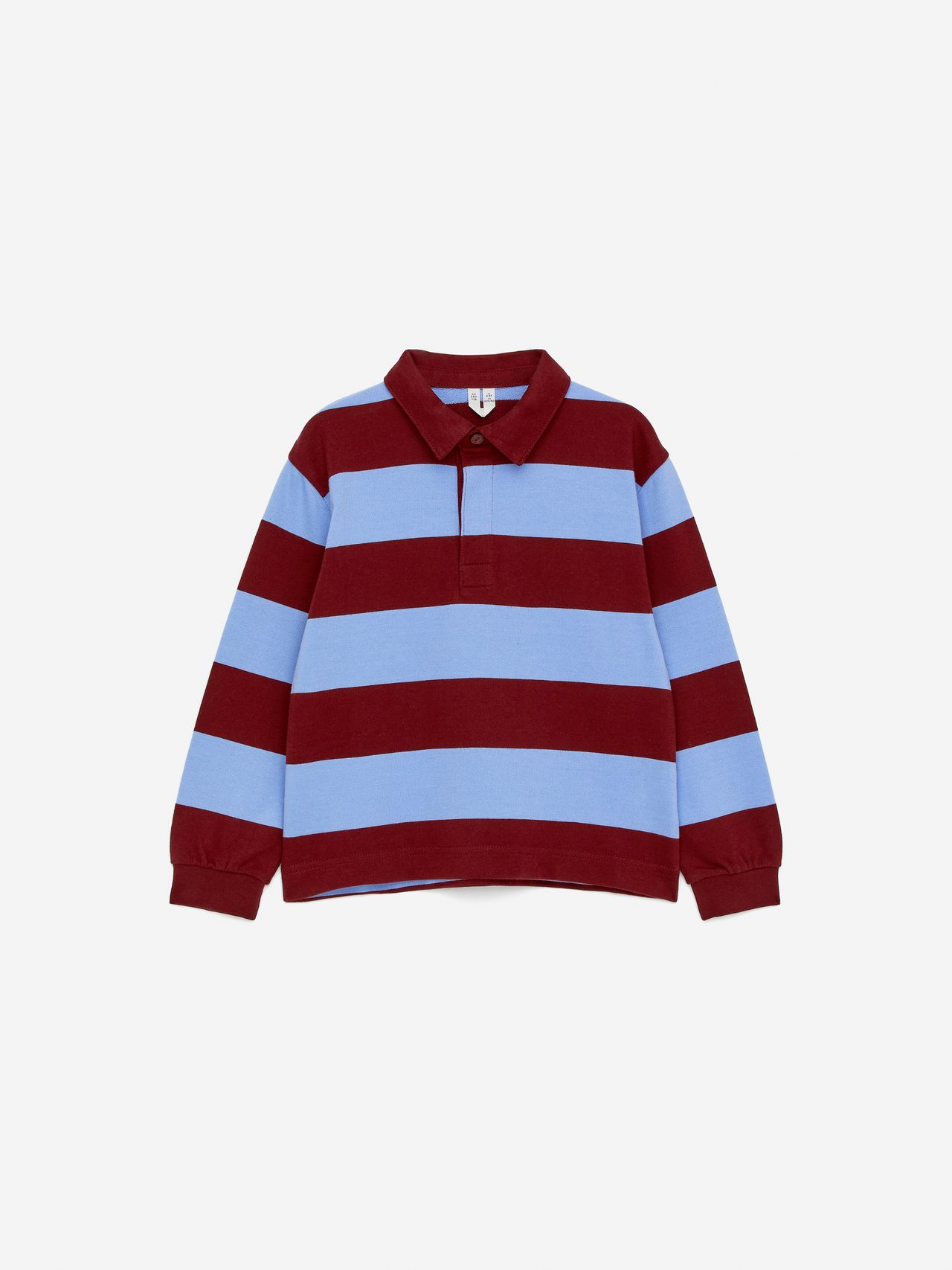 Arket long-sleeve rugby shirt with wide maroon and light blue horizontal stripes, featuring a collar and buttoned placket.