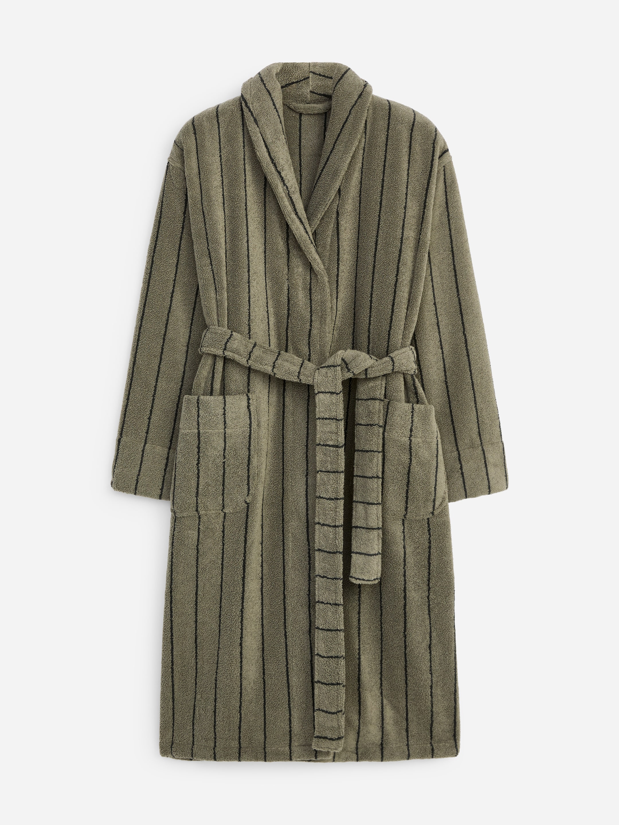 A green and black striped bathrobe with a shawl collar, two front pockets, and a matching belt, laid flat against a white background.