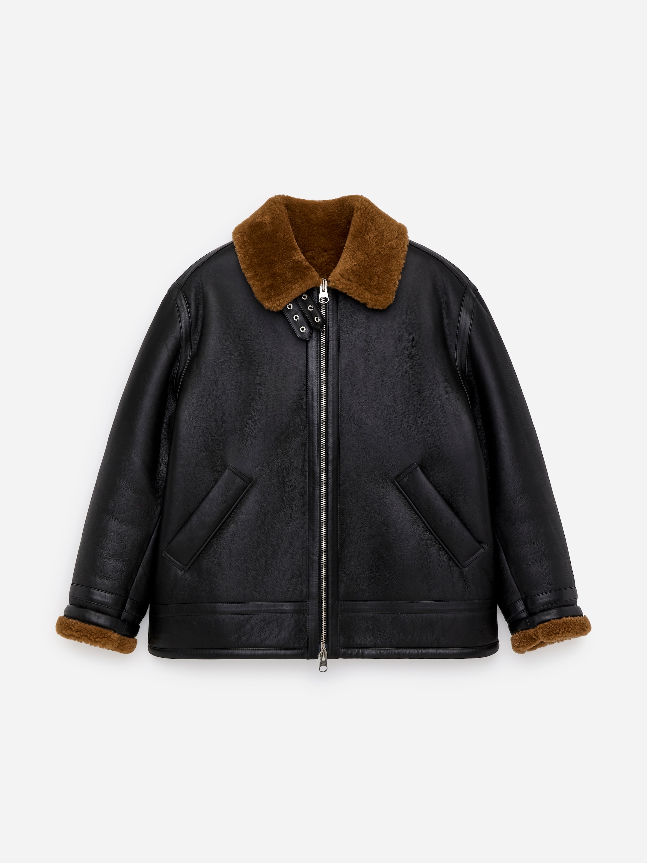 Black leather jacket with brown shearling collar and cuffs, featuring a front zipper and two angled pockets, displayed on a plain background.
