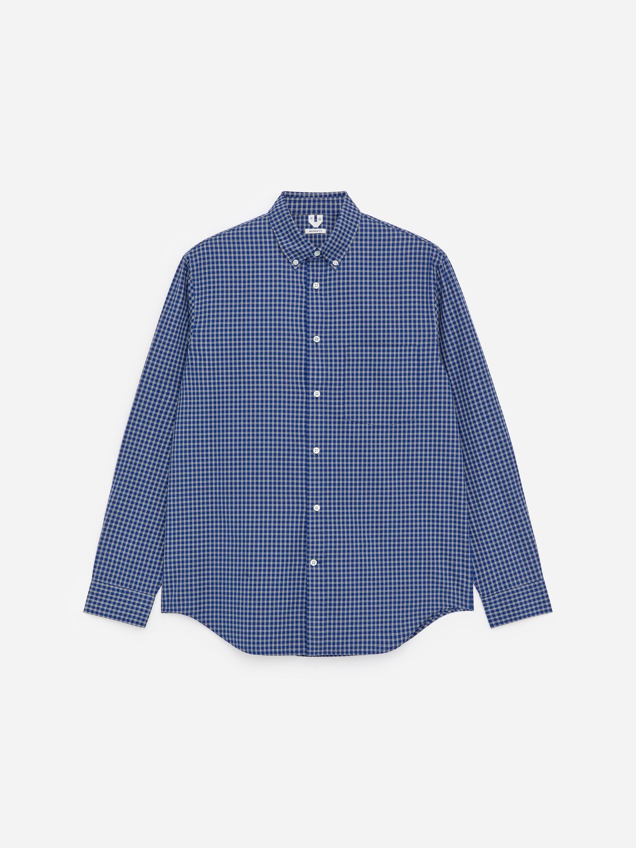 Blue checkered button-up shirt with a collar and long sleeves, placed on a white background.