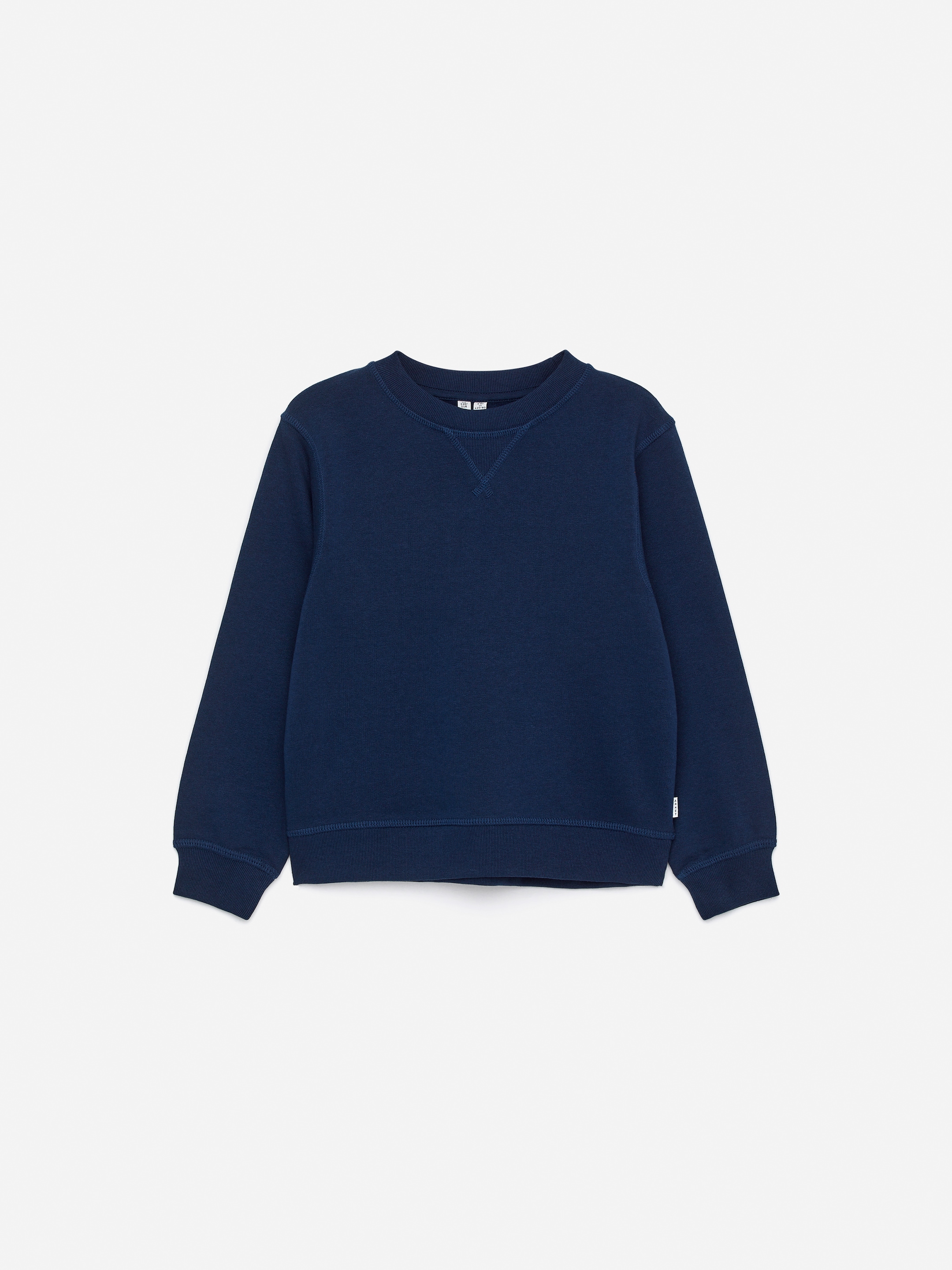 A plain navy blue sweatshirt with long sleeves and ribbed cuffs and hem, displayed on a white background.