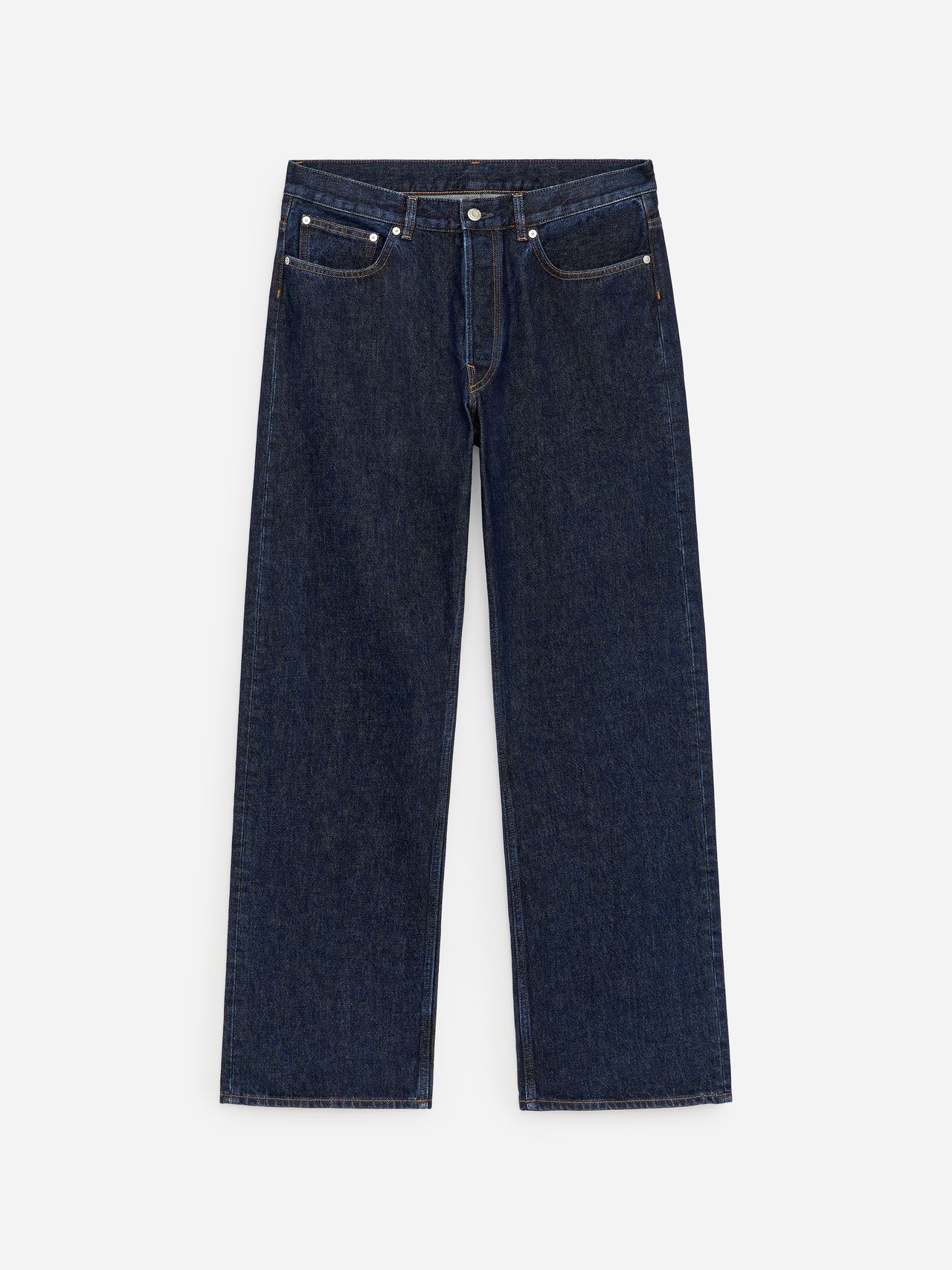 Dark blue straight-leg jeans with a classic five-pocket design, displayed on a white background.