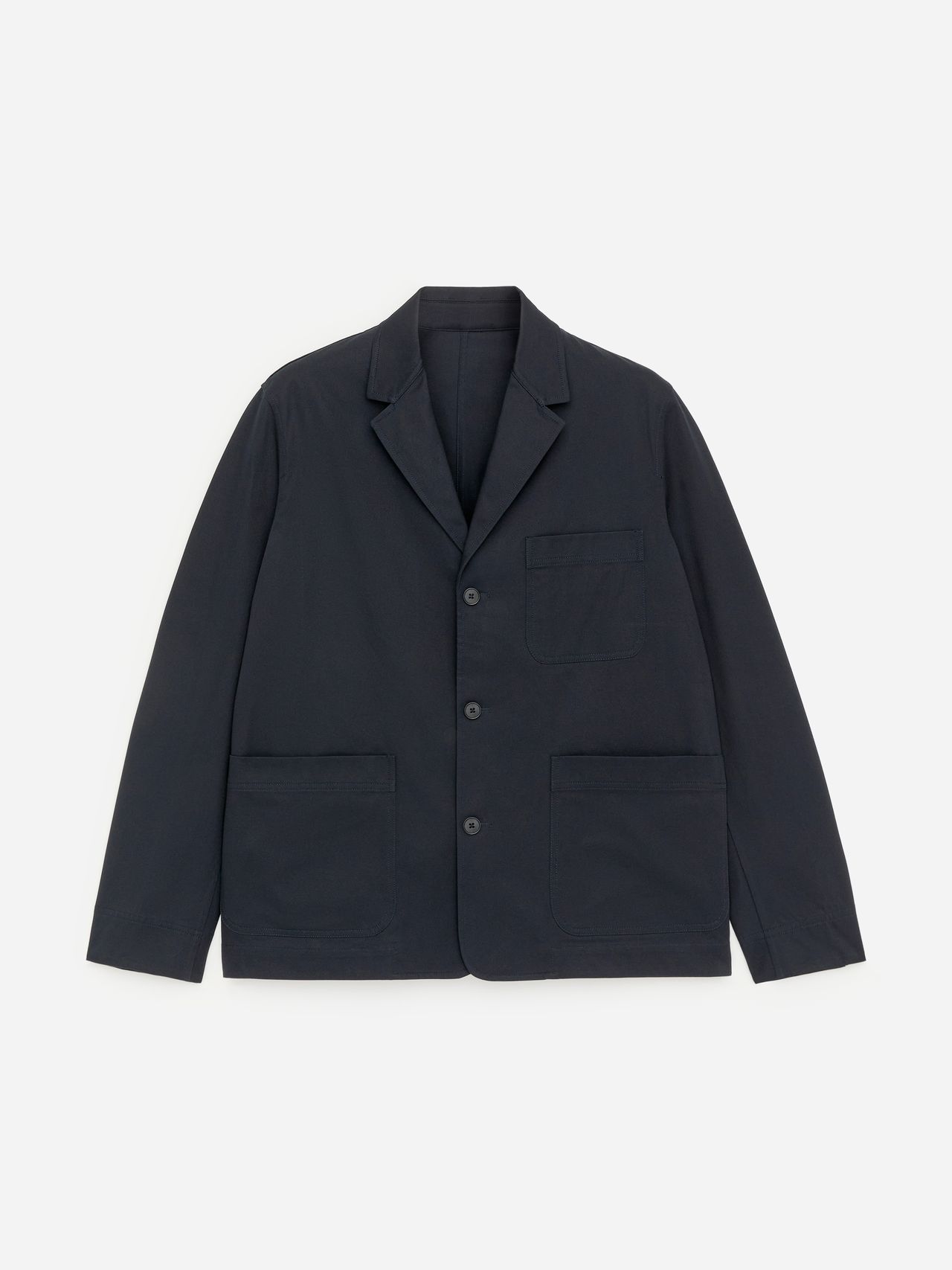 A dark navy blazer with a notched lapel and three buttons. It features three front pockets, including one chest pocket, laid flat on a white background.