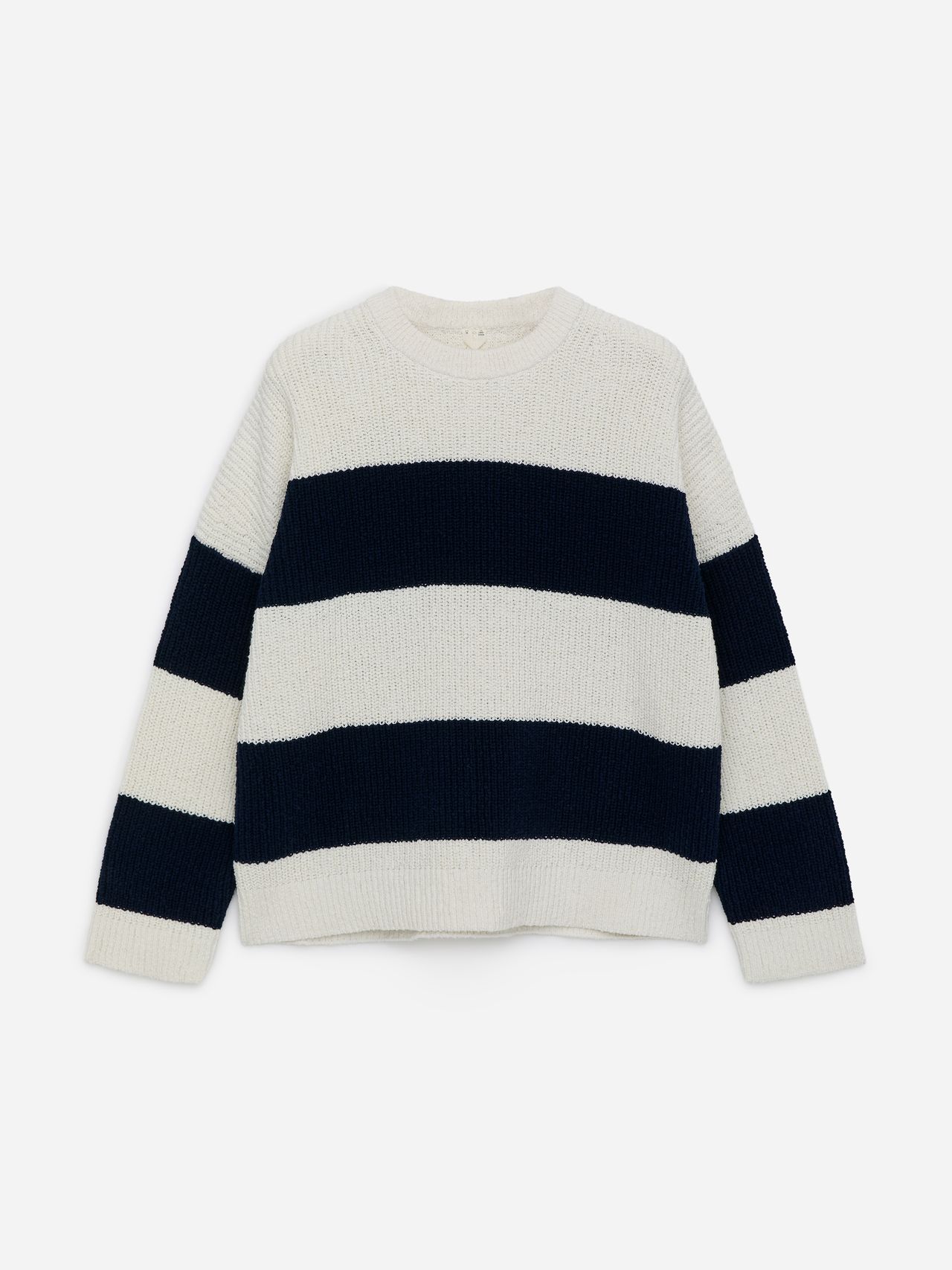 A cream sweater with wide black horizontal stripes on the body and sleeves, displayed on a white background.
