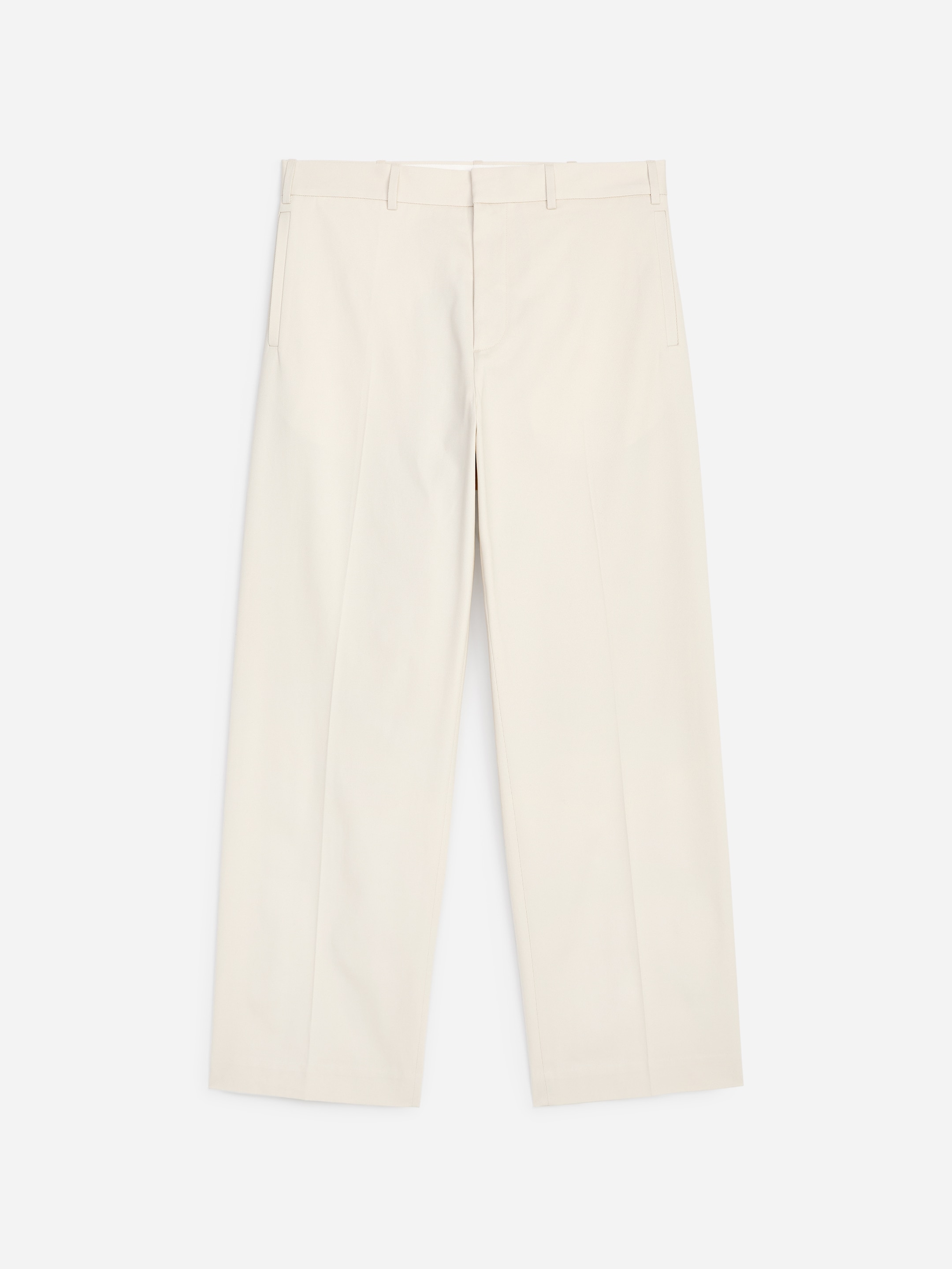 Cream-colored straight-leg pants with belt loops and side pockets, displayed on a plain white background.