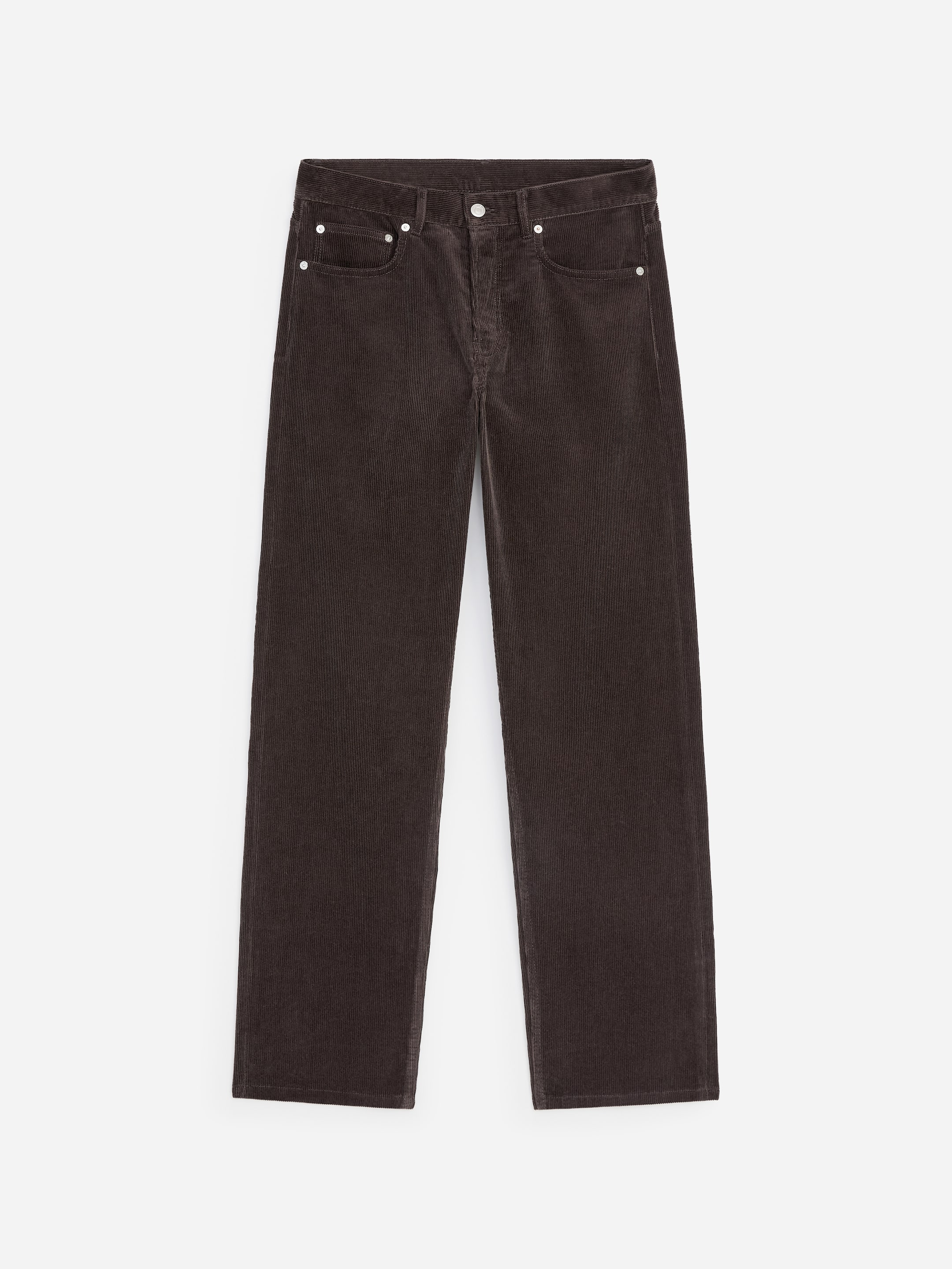 Dark brown corduroy pants with a straight leg design, five pockets, and silver button and rivet details, laid flat against a white background.