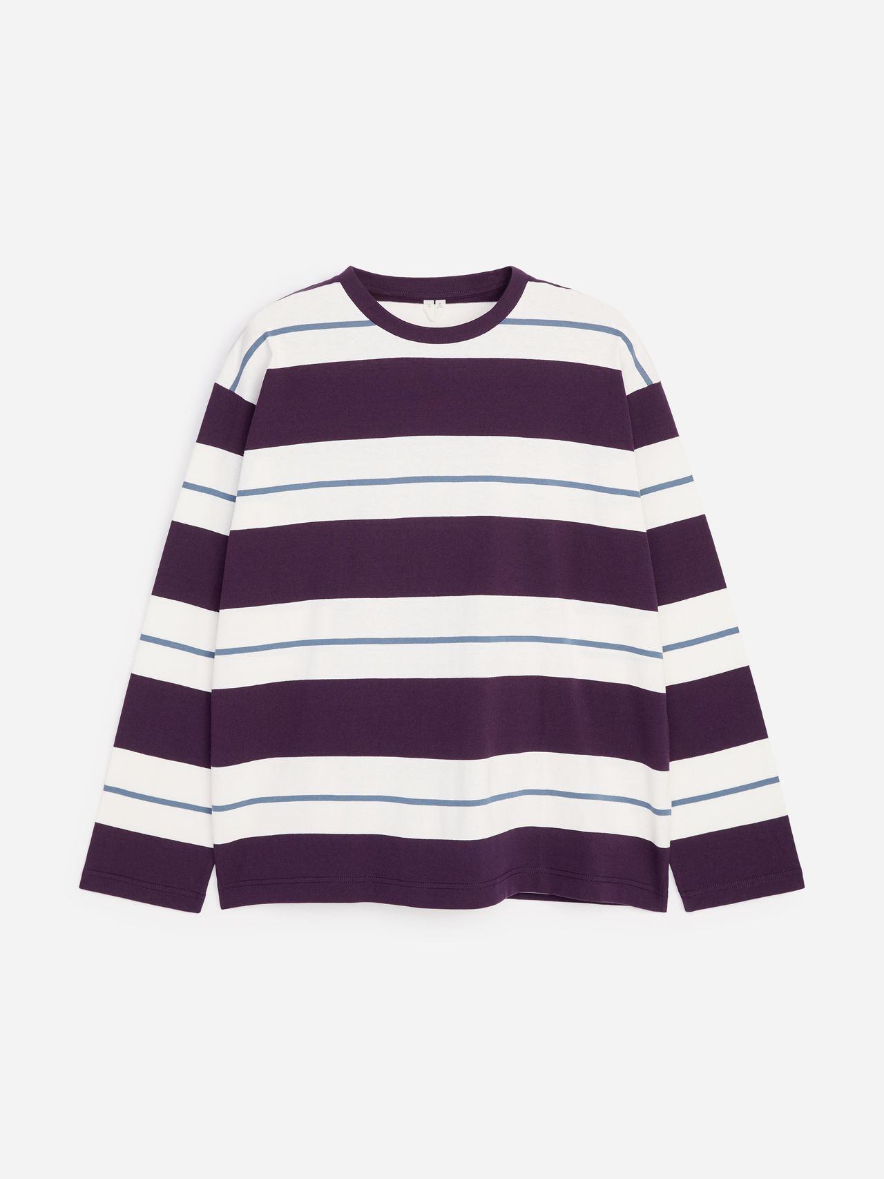 Long-sleeve shirt with wide purple and white stripes, featuring thin blue lines, displayed on a white background.