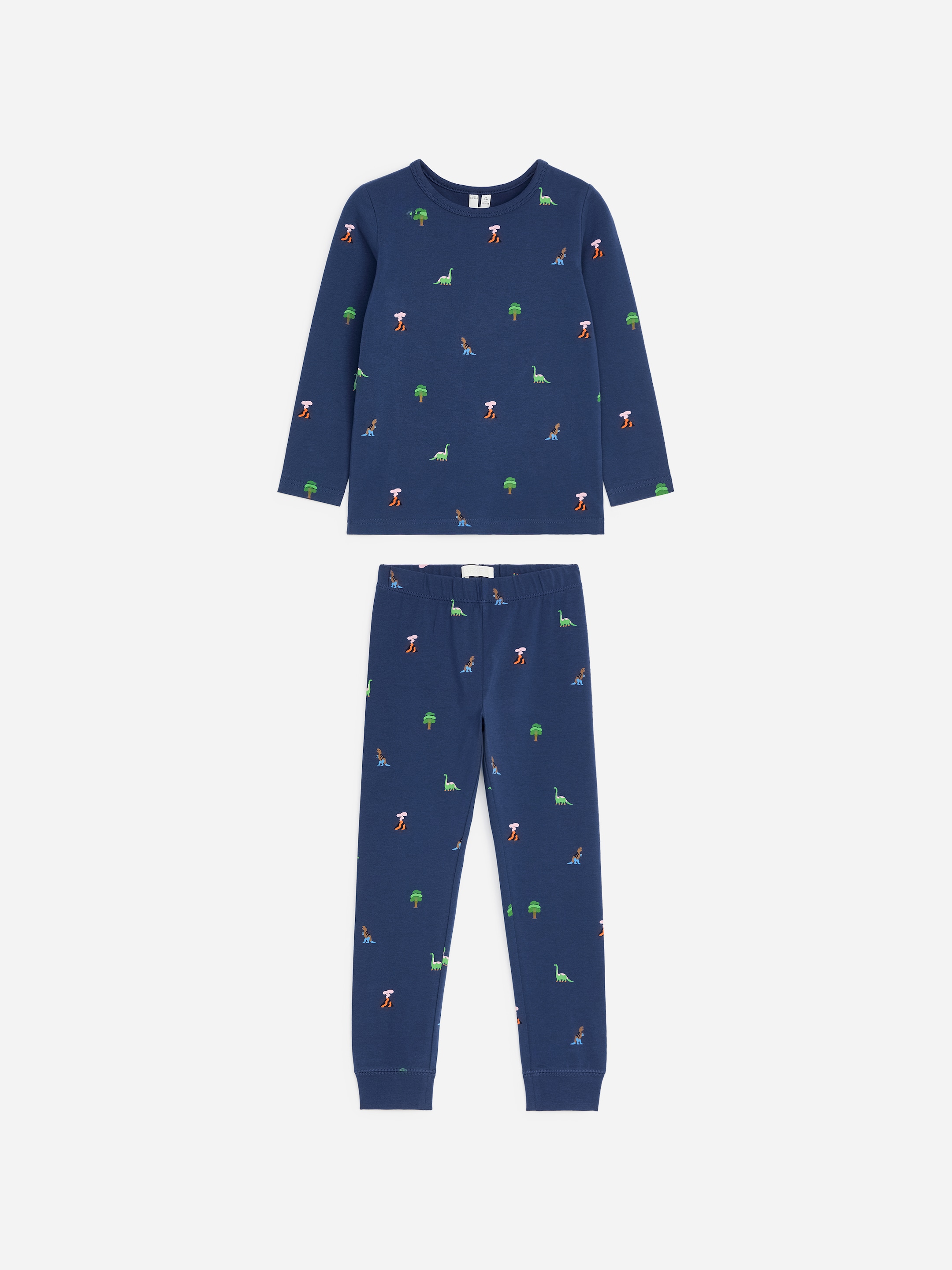 Blue children's pajamas with dinosaur and tree print, featuring a long-sleeve top and matching pants.