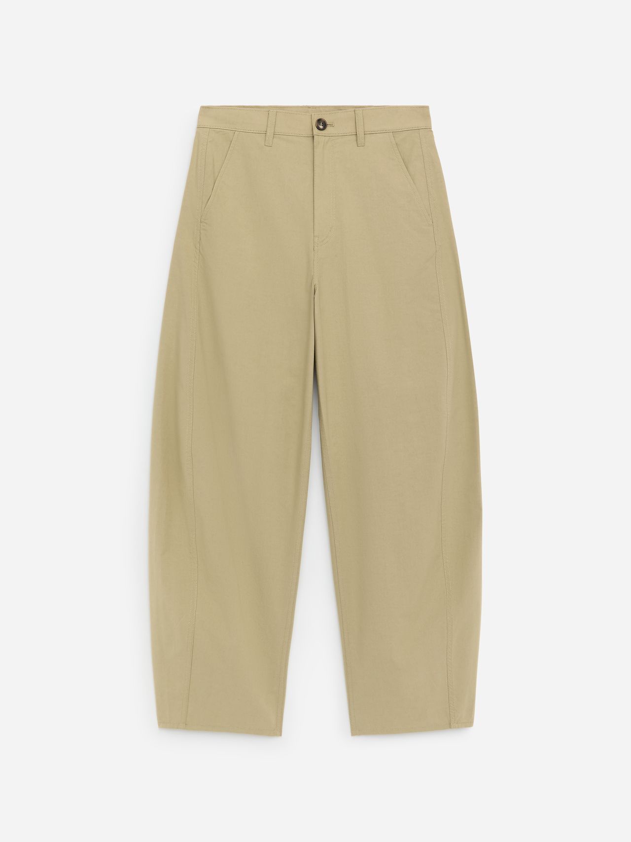 Beige wide-leg trousers with a button and zip closure, side pockets, and a relaxed fit, displayed on a white background.