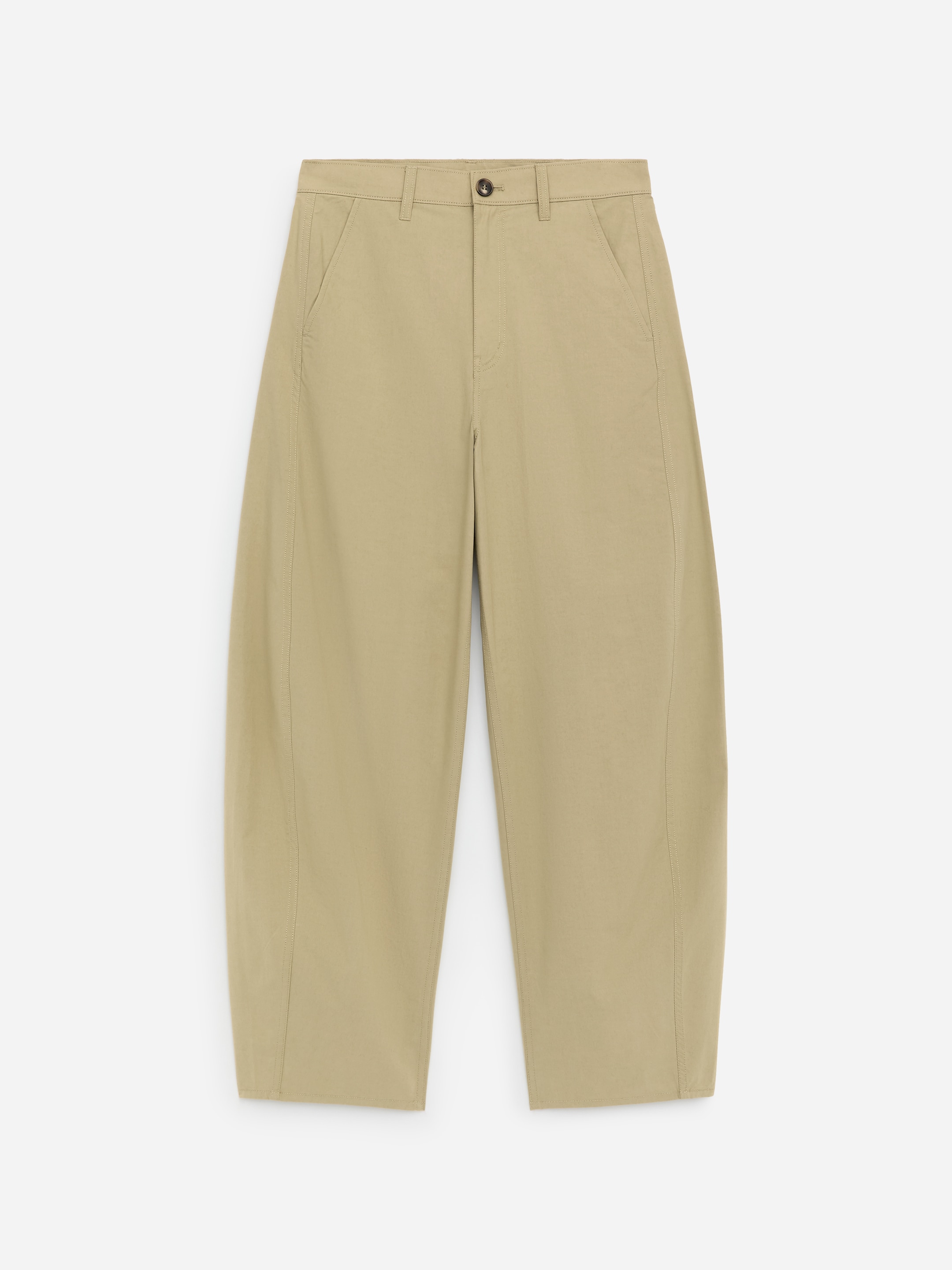 Beige wide-leg trousers with a button and zip closure, side pockets, and a relaxed fit, displayed on a white background.