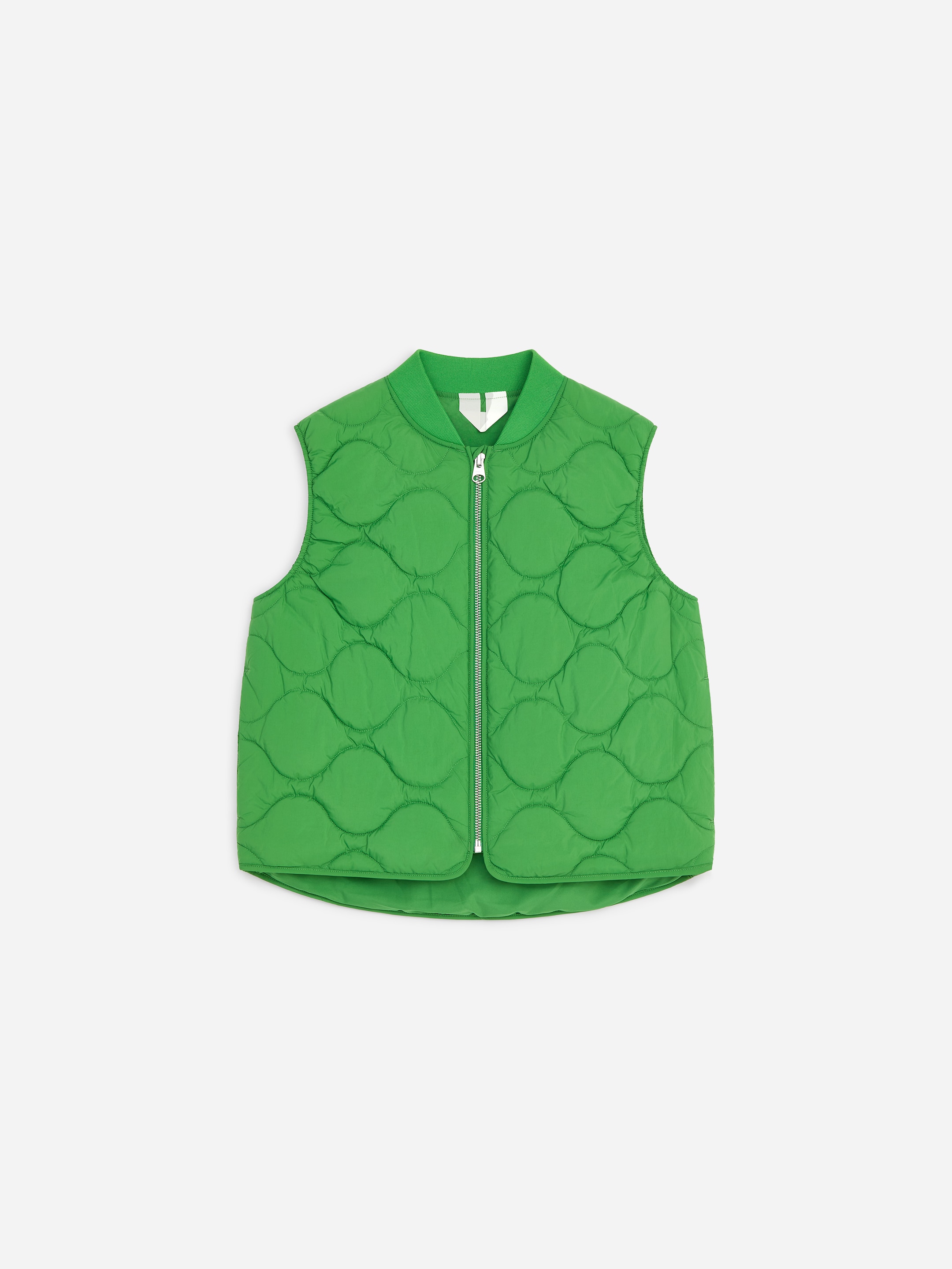 Green sleeveless quilted vest with a circular pattern and front zipper, displayed against a plain white background.
