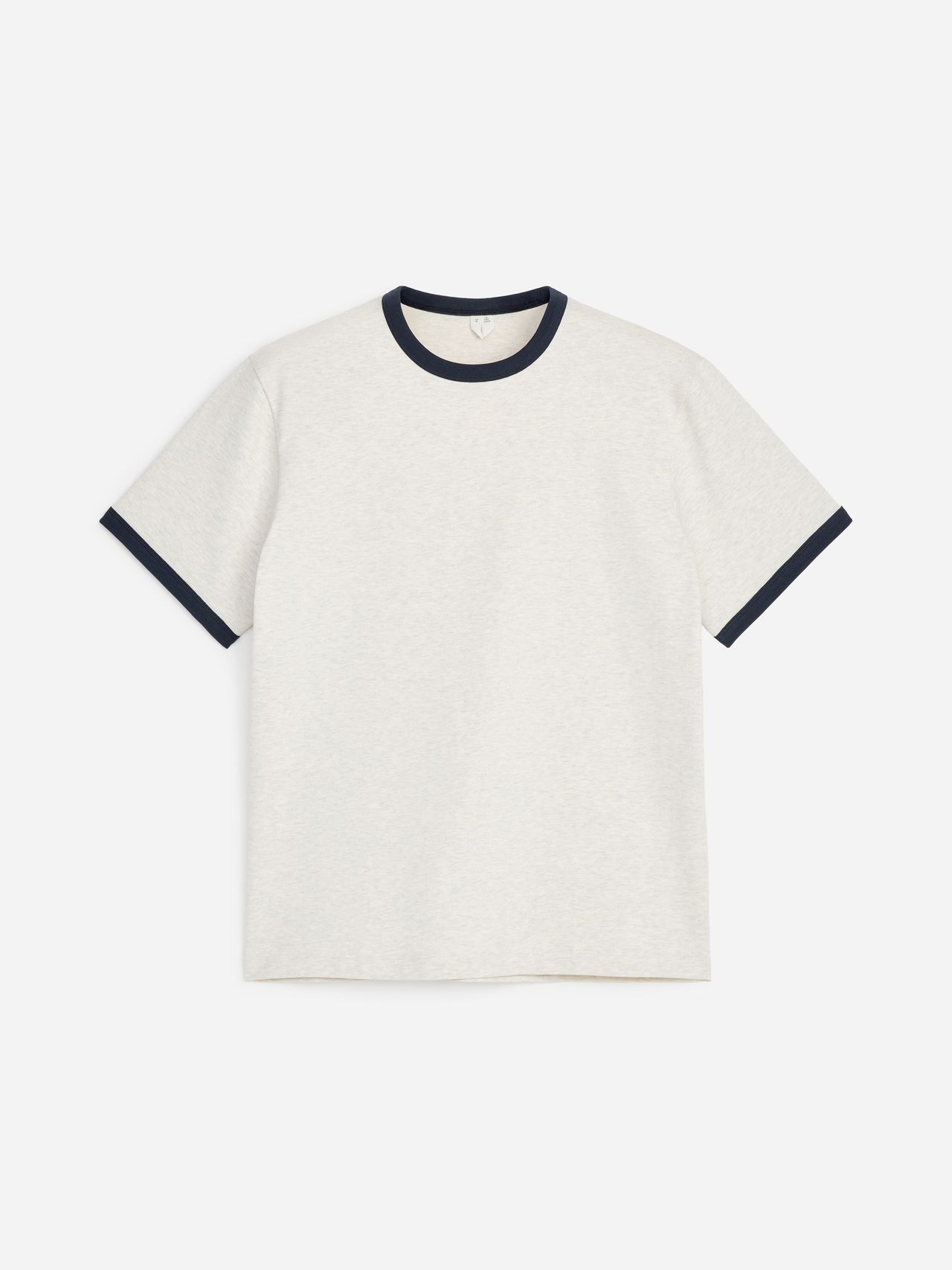 A plain cream-colored T-shirt with navy blue trim on the collar and sleeves, displayed against a white background.