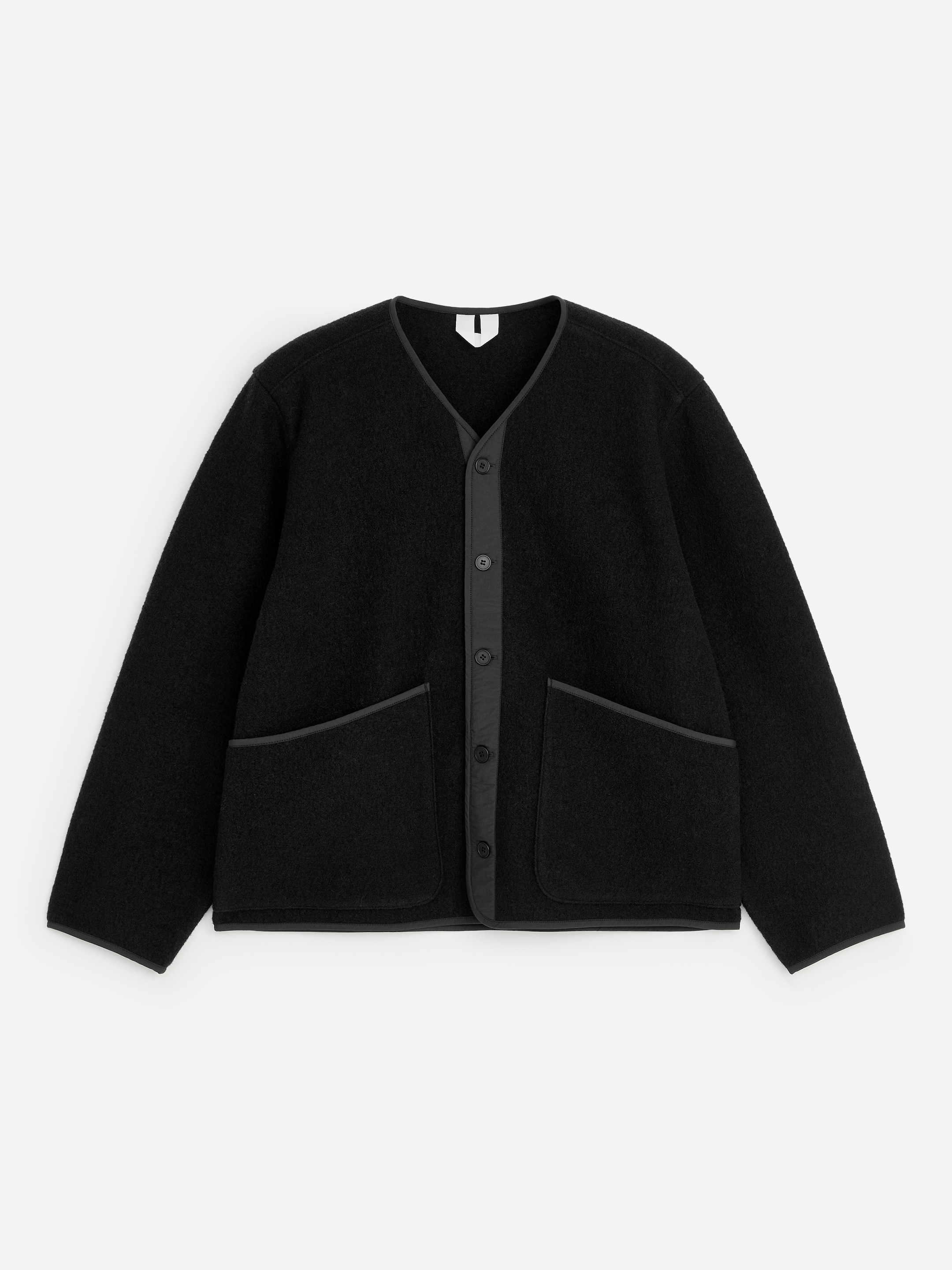 Black button-up cardigan with V-neckline, two front pockets, and dark trim on a white background.