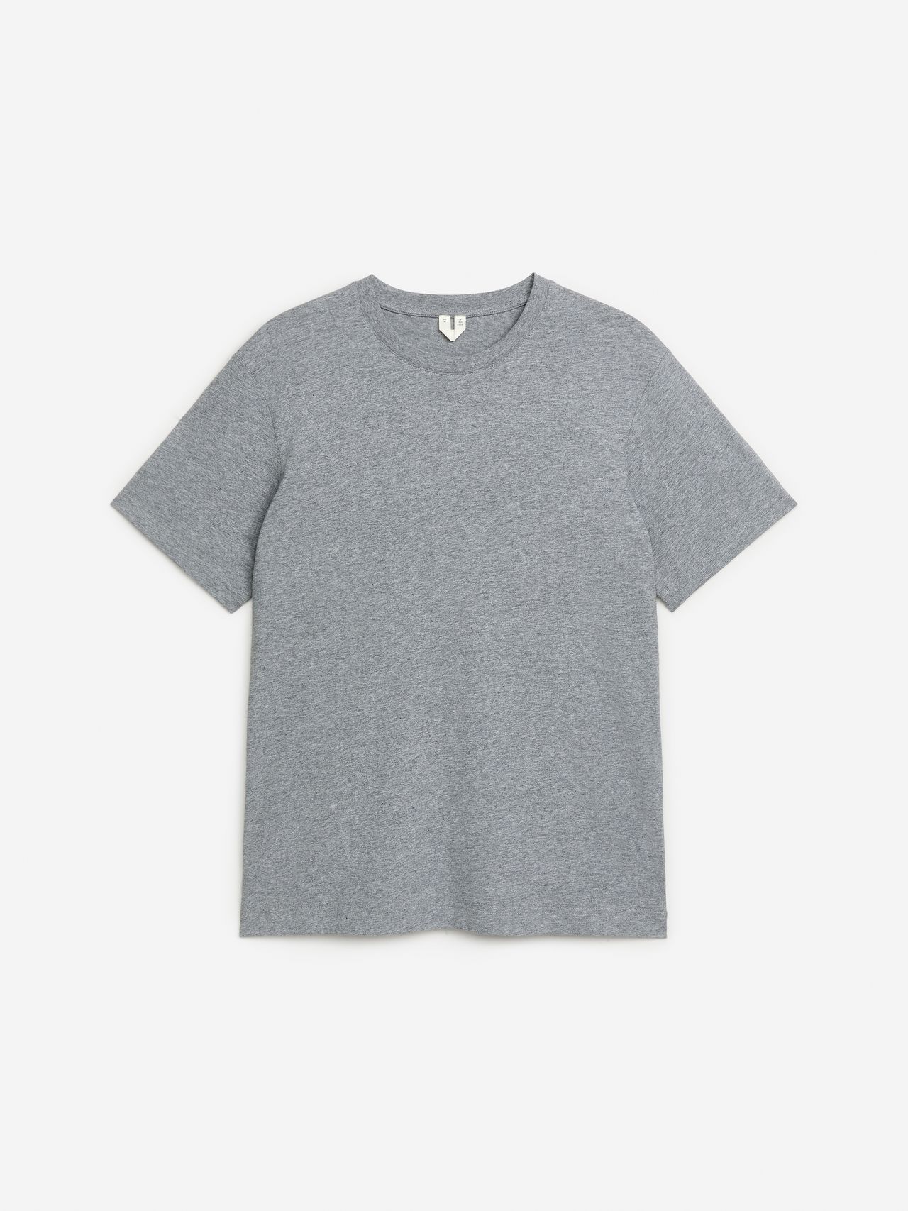 Flat-lay heather gray crewneck short-sleeve T-shirt on a white background.