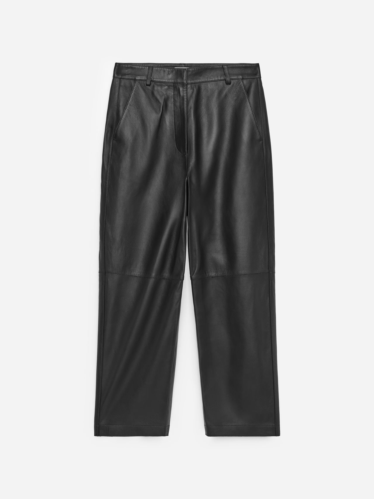 Black leather pants with a straight-leg cut, featuring side pockets and belt loops, displayed on a plain white background.