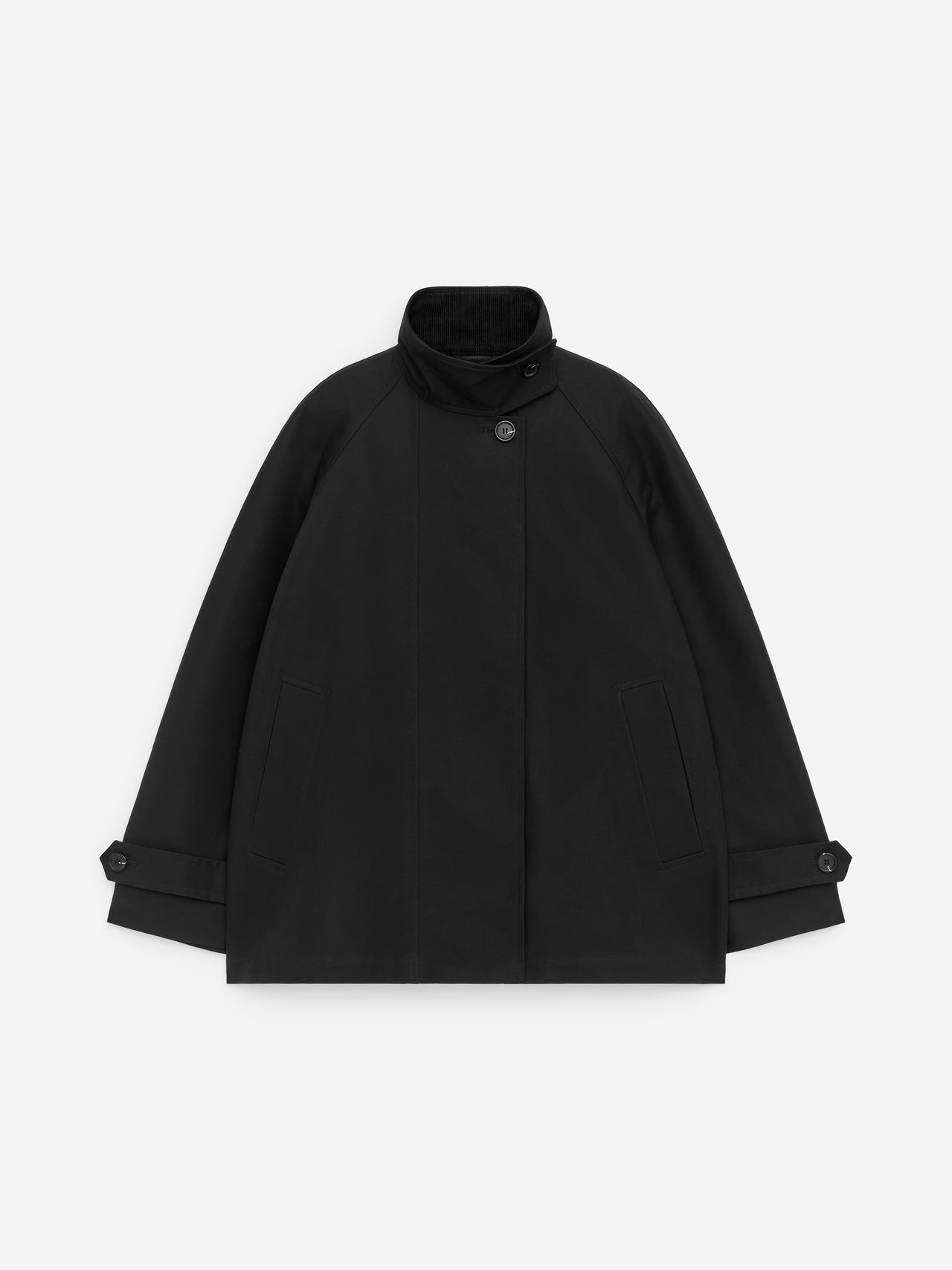 Black jacket with a high collar, button closure, and two front pockets, laid flat on a white background.