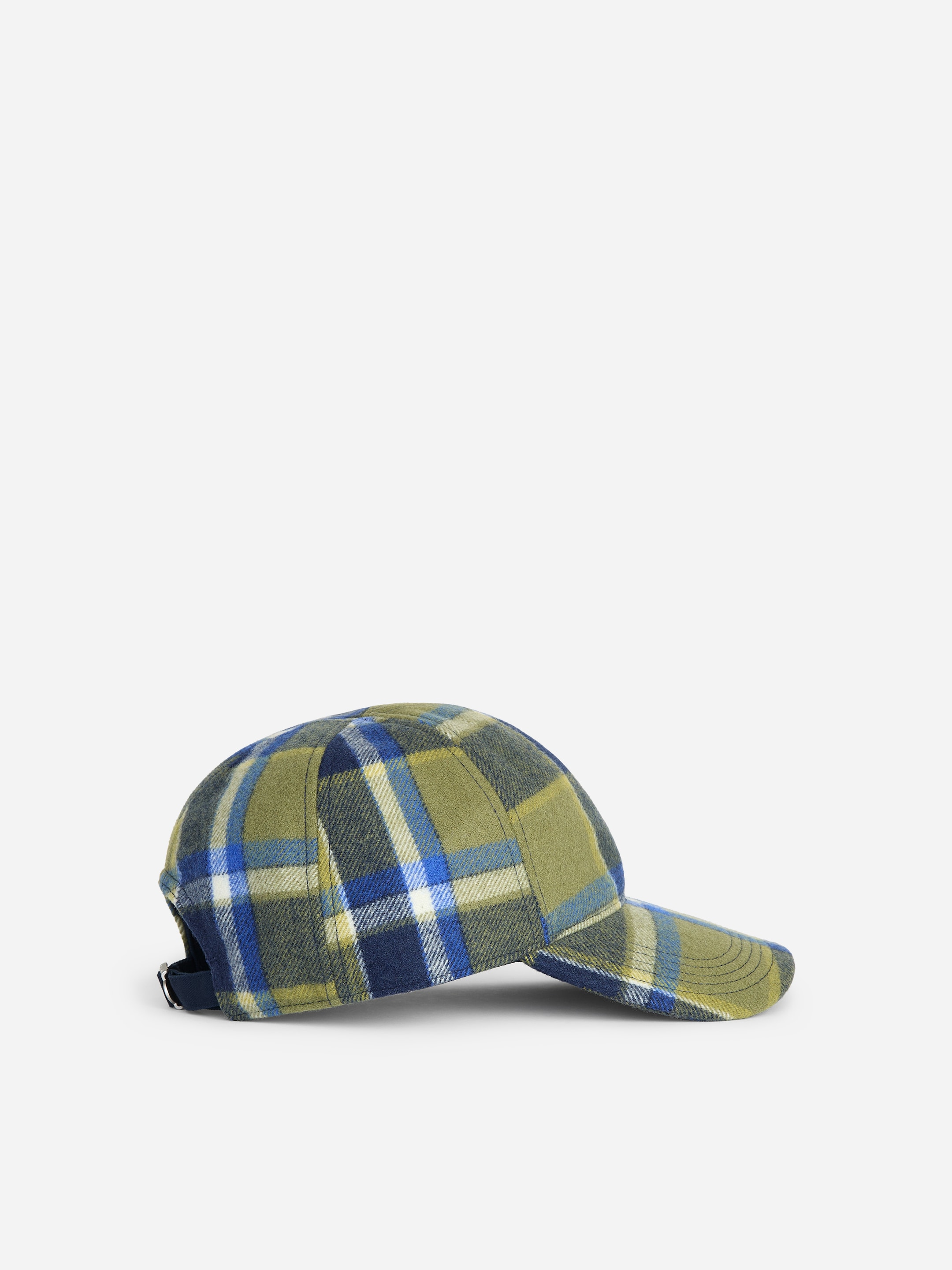 Plaid baseball cap in green, blue, and yellow tones, shown in a side view on a plain white background.
