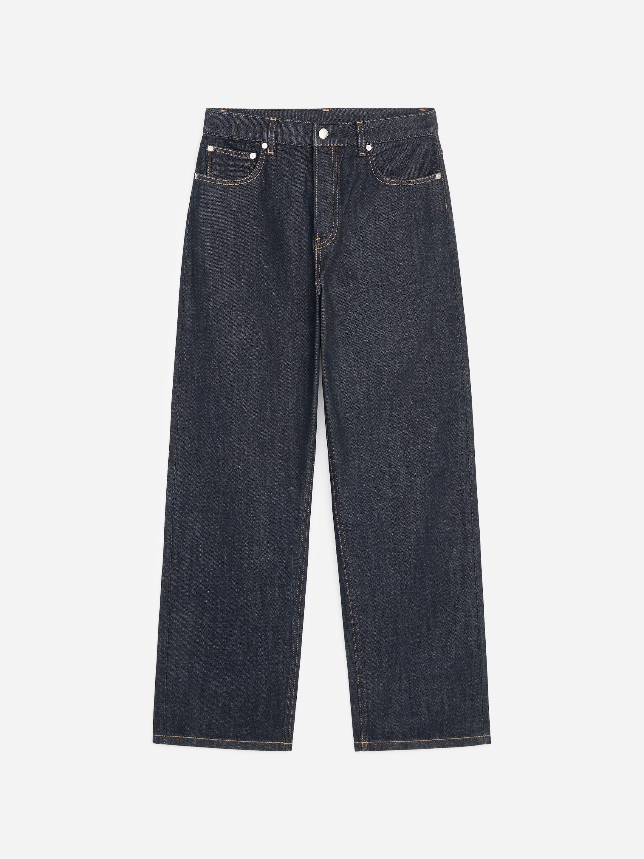 Dark blue denim jeans with straight legs, five pockets, and silver rivets, laid flat against a white background.