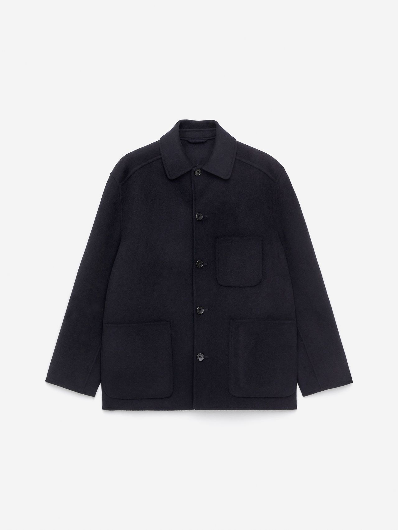 Black wool jacket with a button-up front, collar, and three large pockets, displayed on a plain white background.