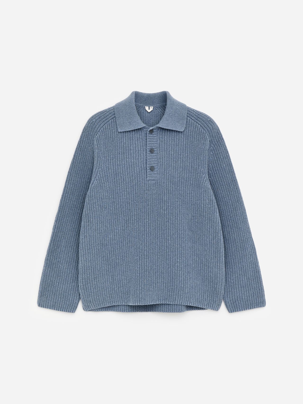 Blue ribbed knit sweater with a polo collar and button-up front, displayed on a plain white background.