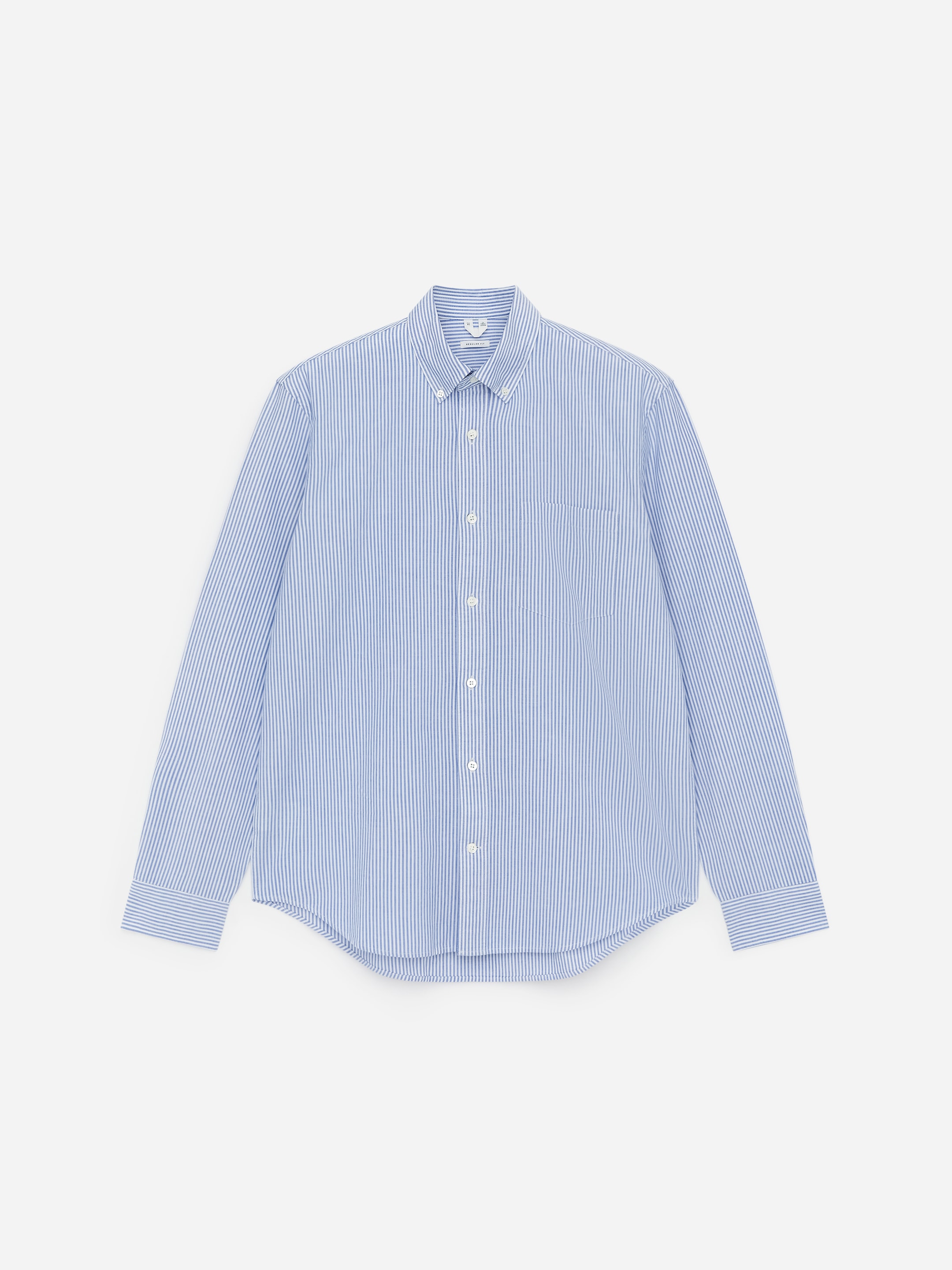 Blue and white vertically striped button-up shirt with long sleeves and a chest pocket, displayed against a plain white background.