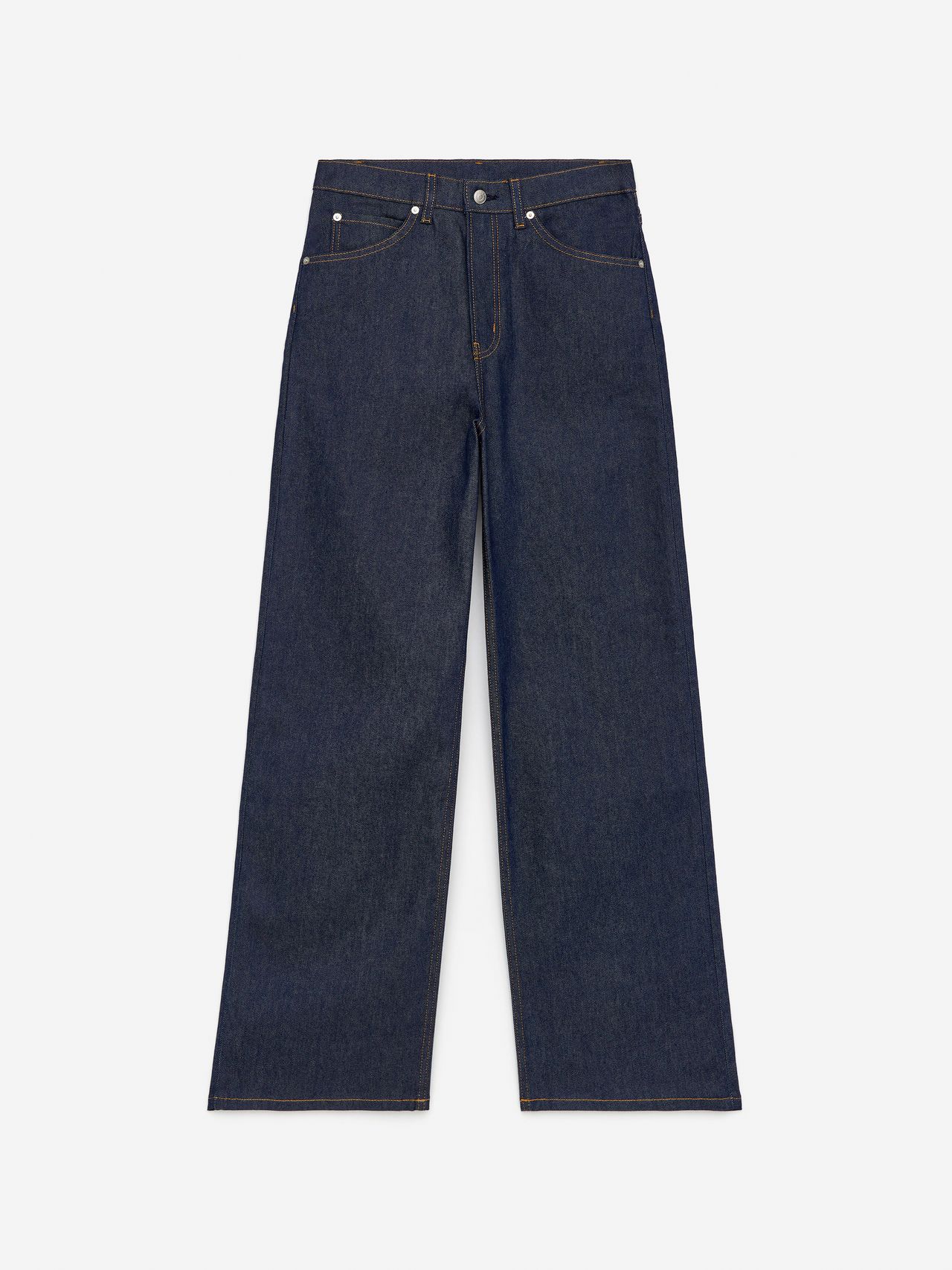 Dark blue wide-leg jeans with a high waist, featuring classic five-pocket styling and visible stitching, laid flat on a white background.