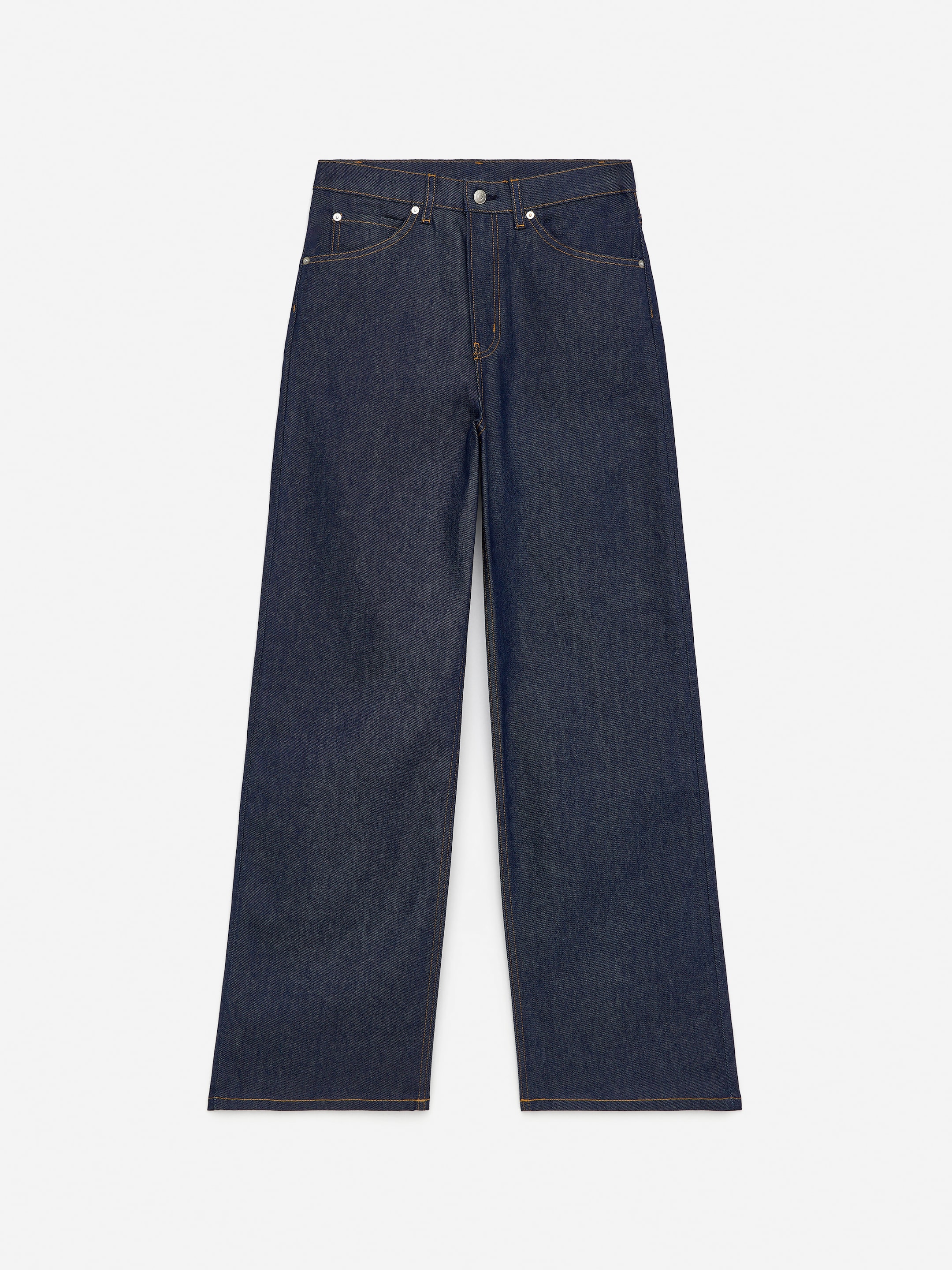 Dark blue wide-leg jeans with a high waist, featuring classic five-pocket styling and visible stitching, laid flat on a white background.