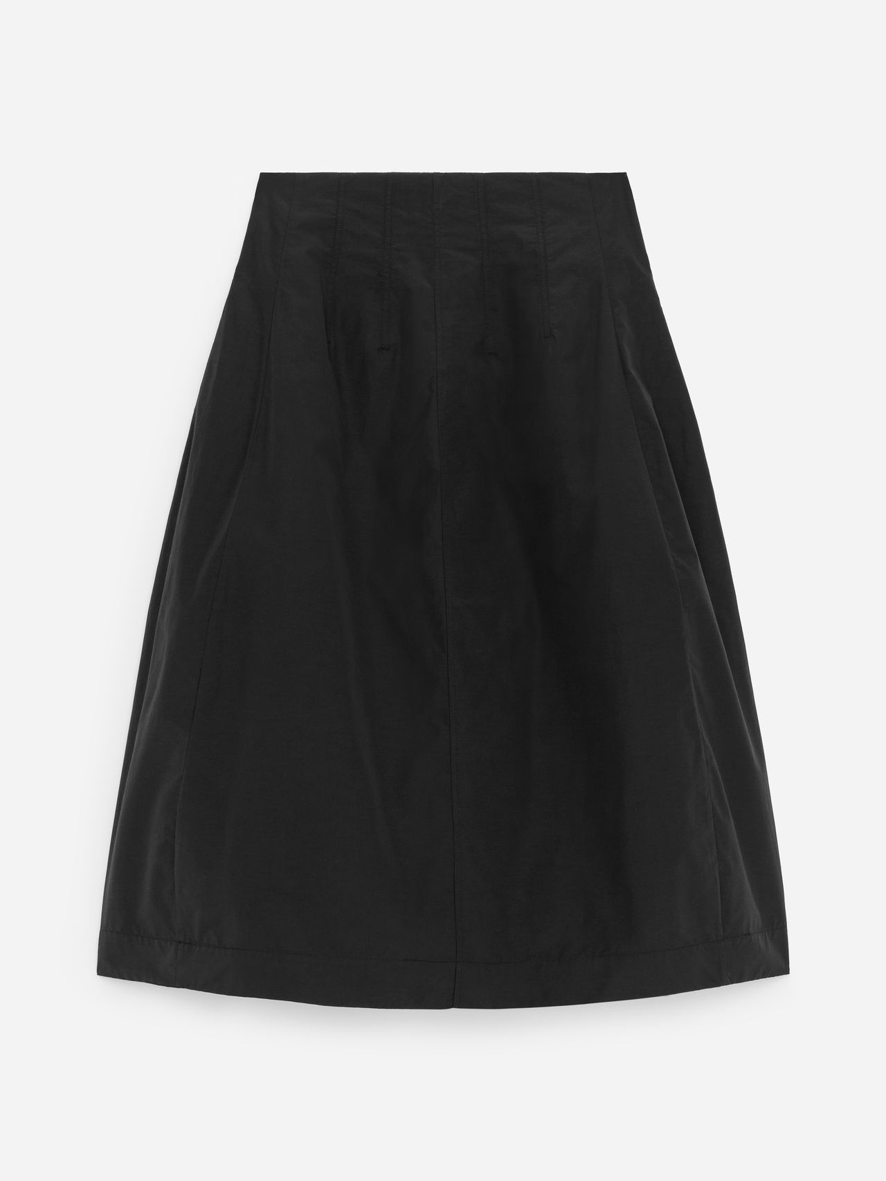 A black high-waisted, pleated skirt with a knee-length hemline, displayed against a white background.