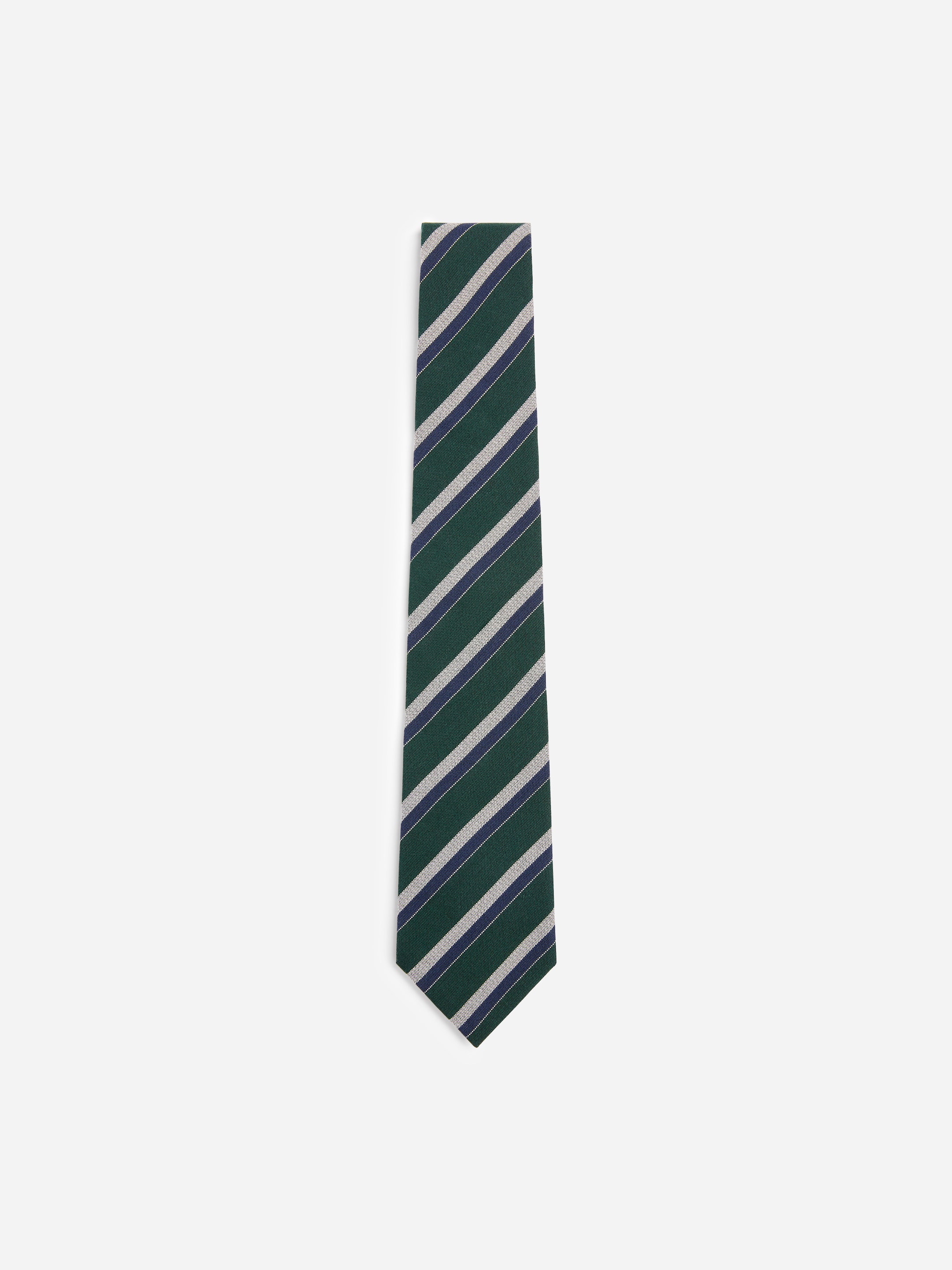 A green tie with diagonal stripes in blue and gray on a white background.