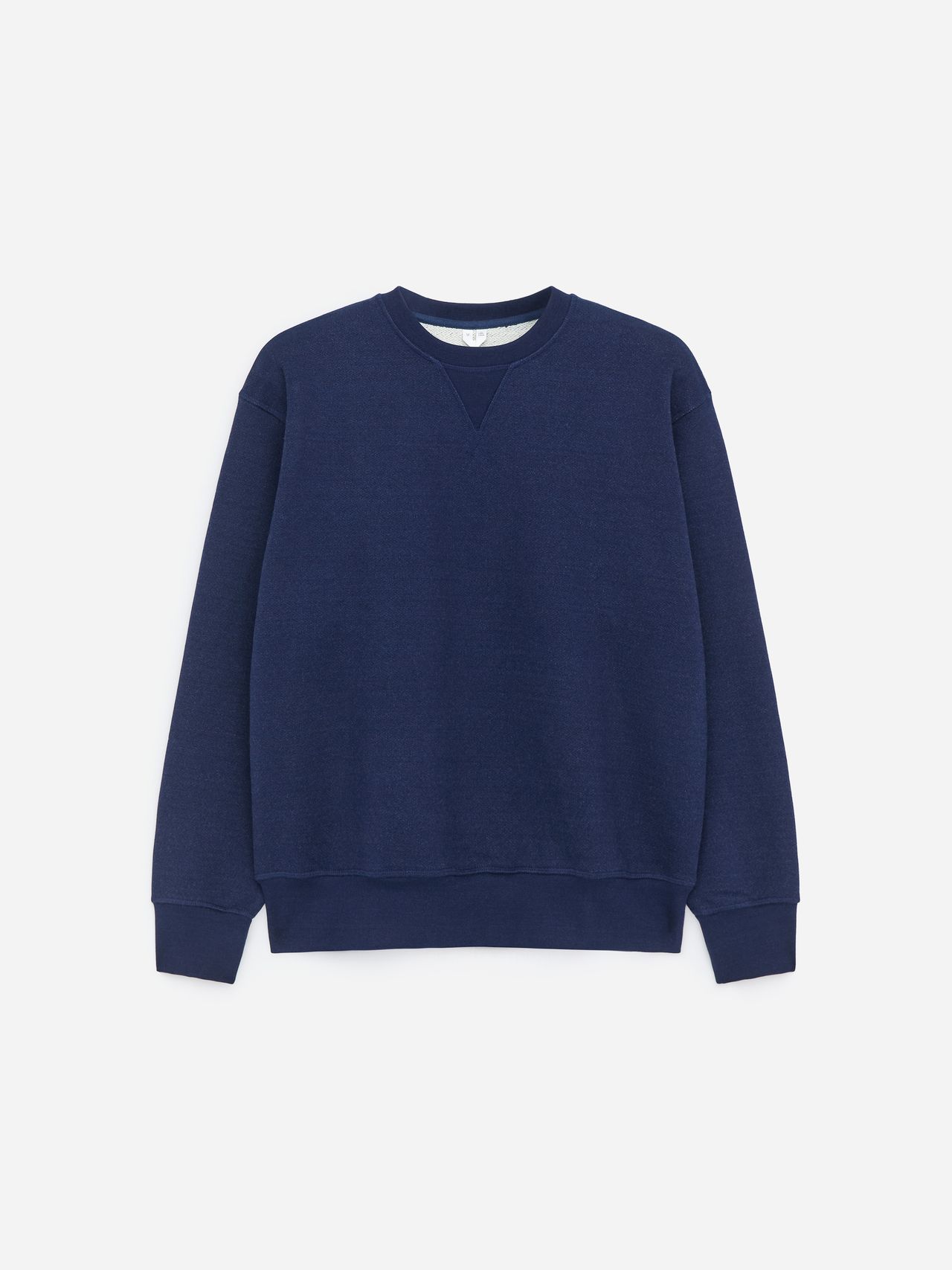 A plain navy blue crewneck sweater with long sleeves, ribbed cuffs, and hem, displayed against a white background.
