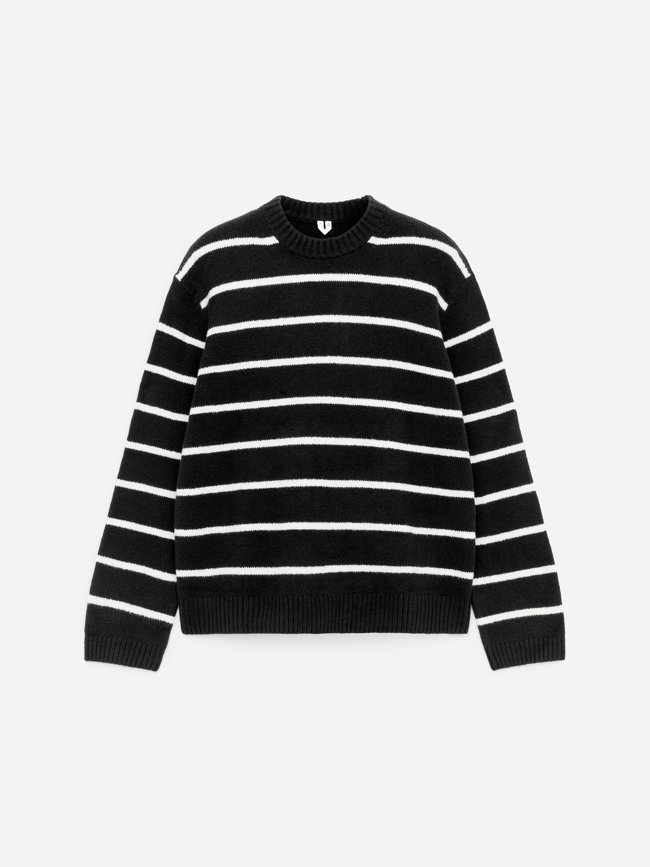 Black sweater with white horizontal stripes, long sleeves, and a round neckline, displayed against a plain white background.