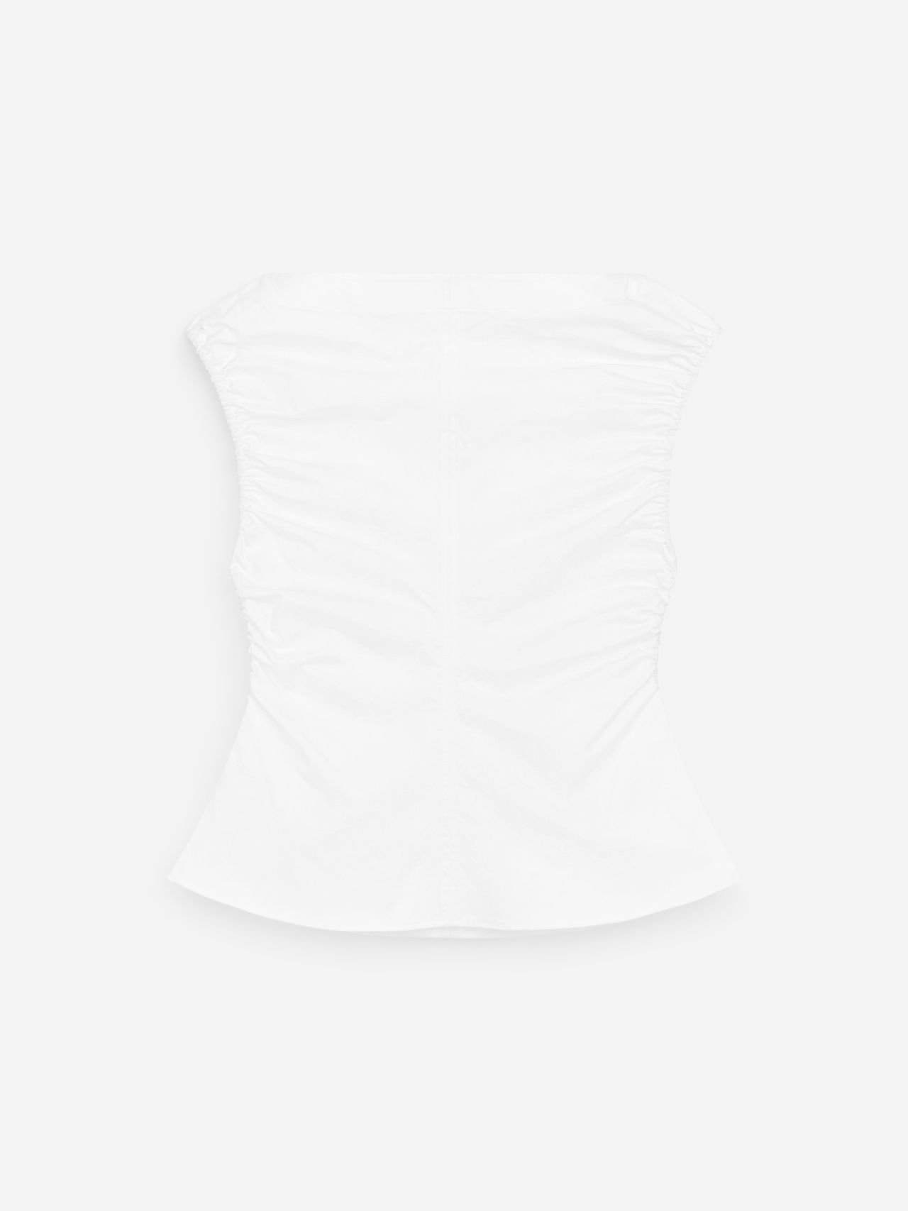 White strapless top with ruched sides and a fitted silhouette, displayed on a plain white background.