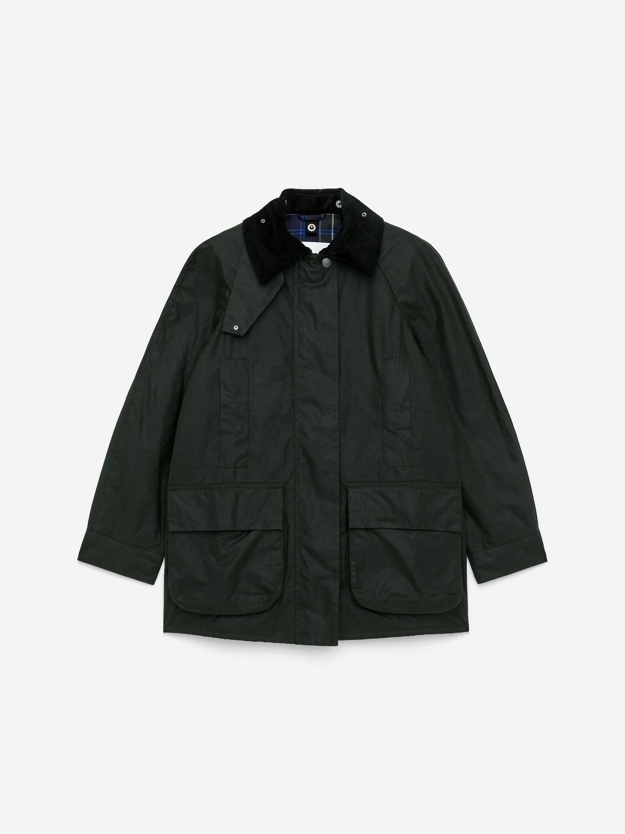 Dark green waxed jacket with a black corduroy collar, front button closure, and two large front pockets on a plain white background.