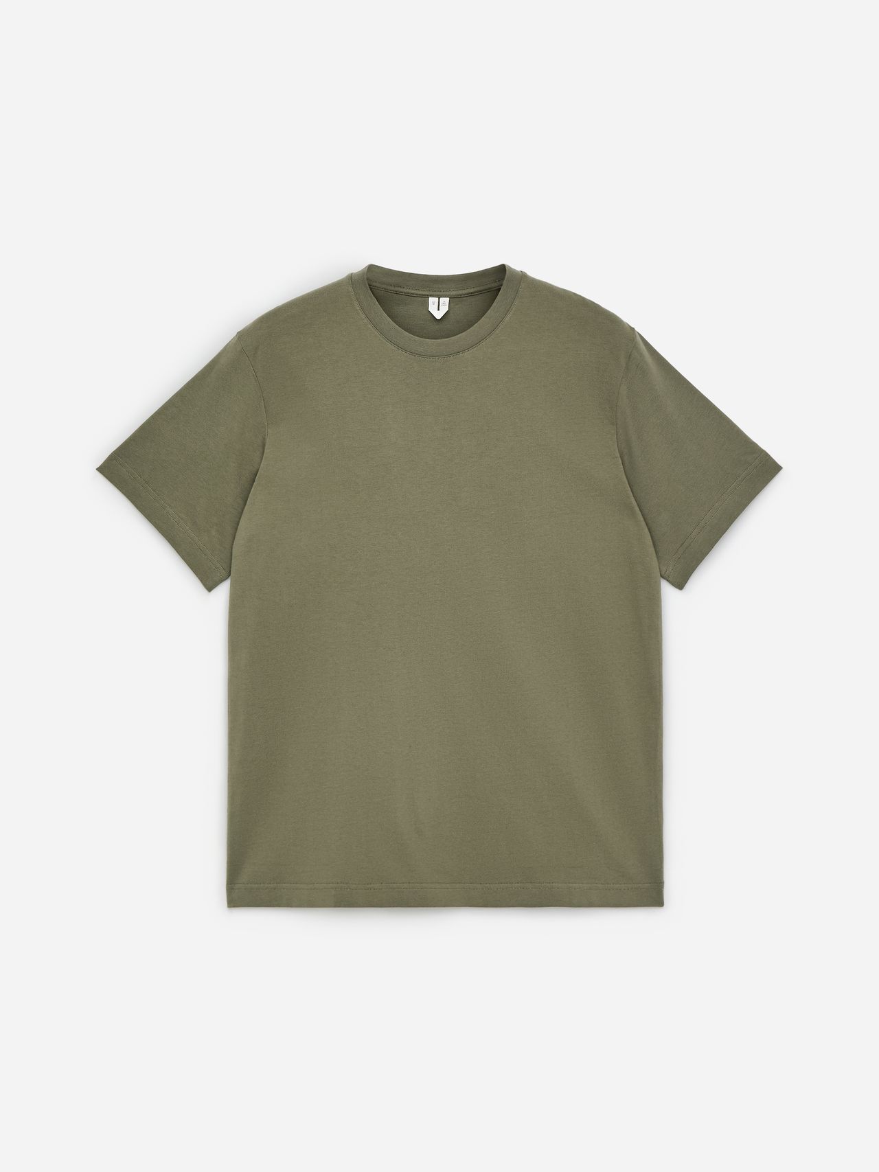Olive green T-shirt on a plain white background. The shirt has a classic crew neck and short sleeves.