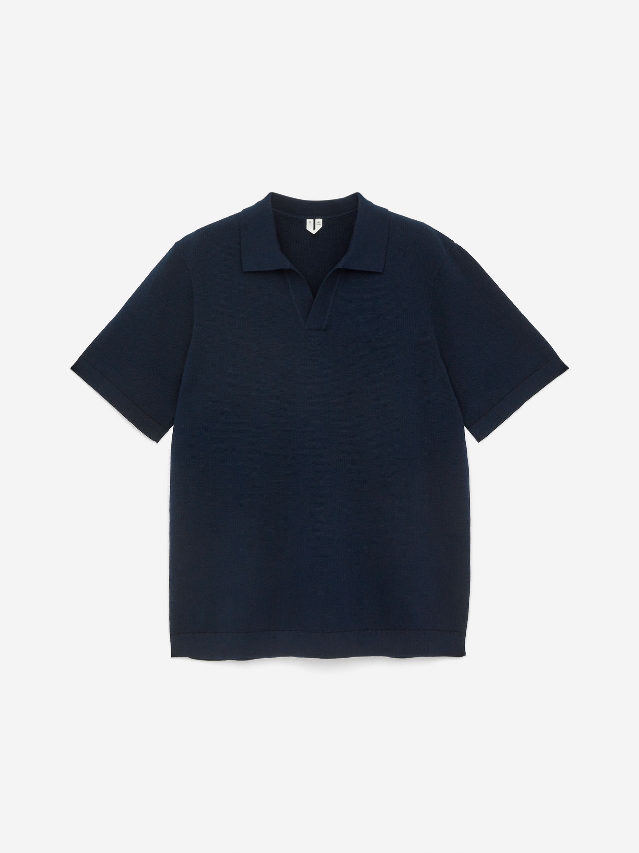 A navy blue short-sleeve polo shirt with a collar, laid flat on a plain white background.