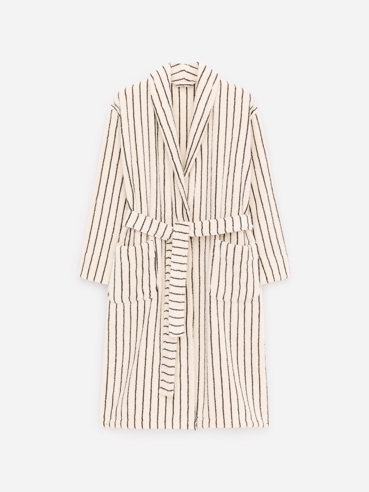 White bathrobe with vertical black stripes, featuring a shawl collar, waist tie, and two front pockets.